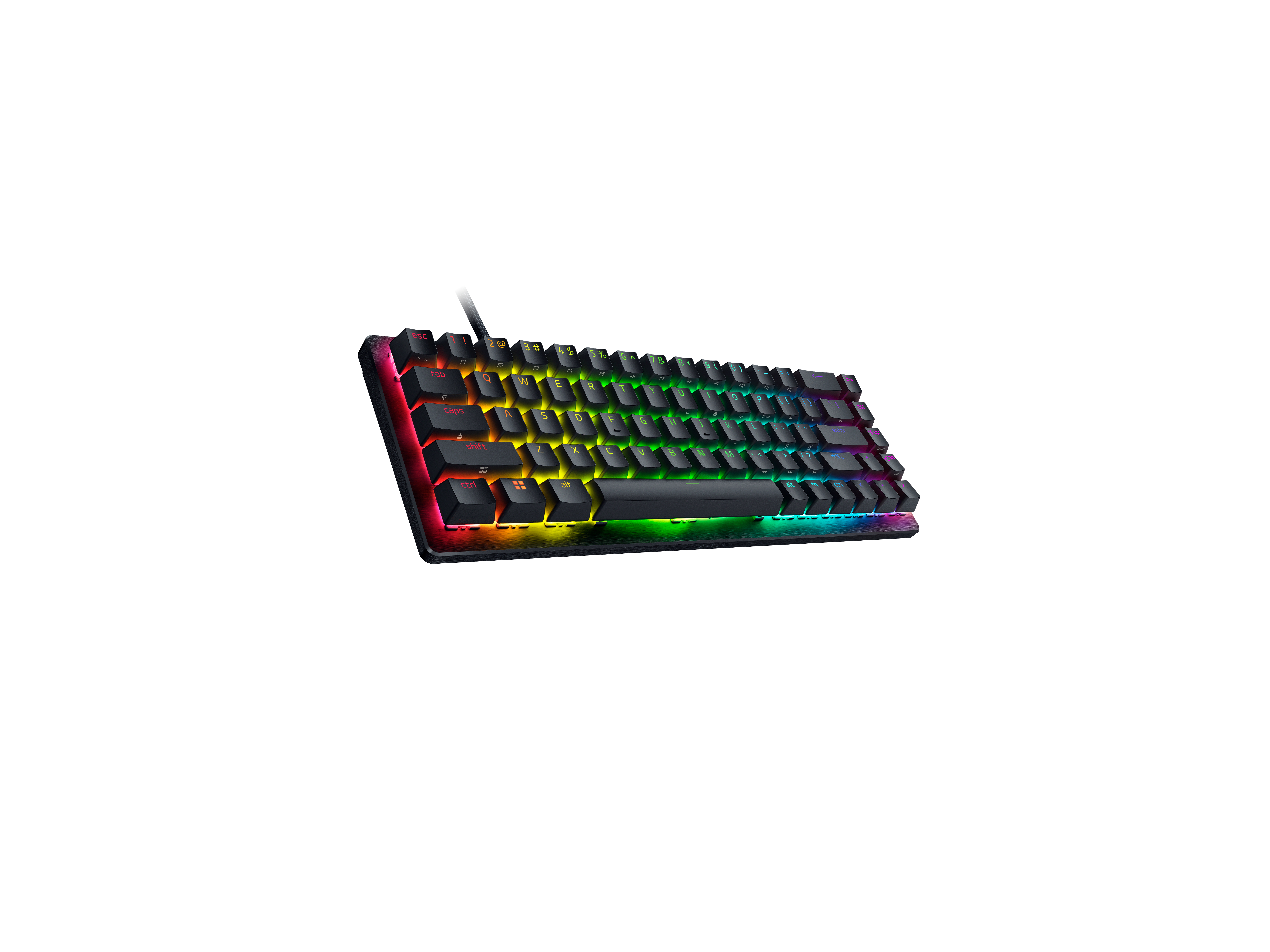 Eine kompakte, schwarze Tastatur mit lebendiger RGB-Hintergrundbeleuchtung auf einem weißen Hintergrund.