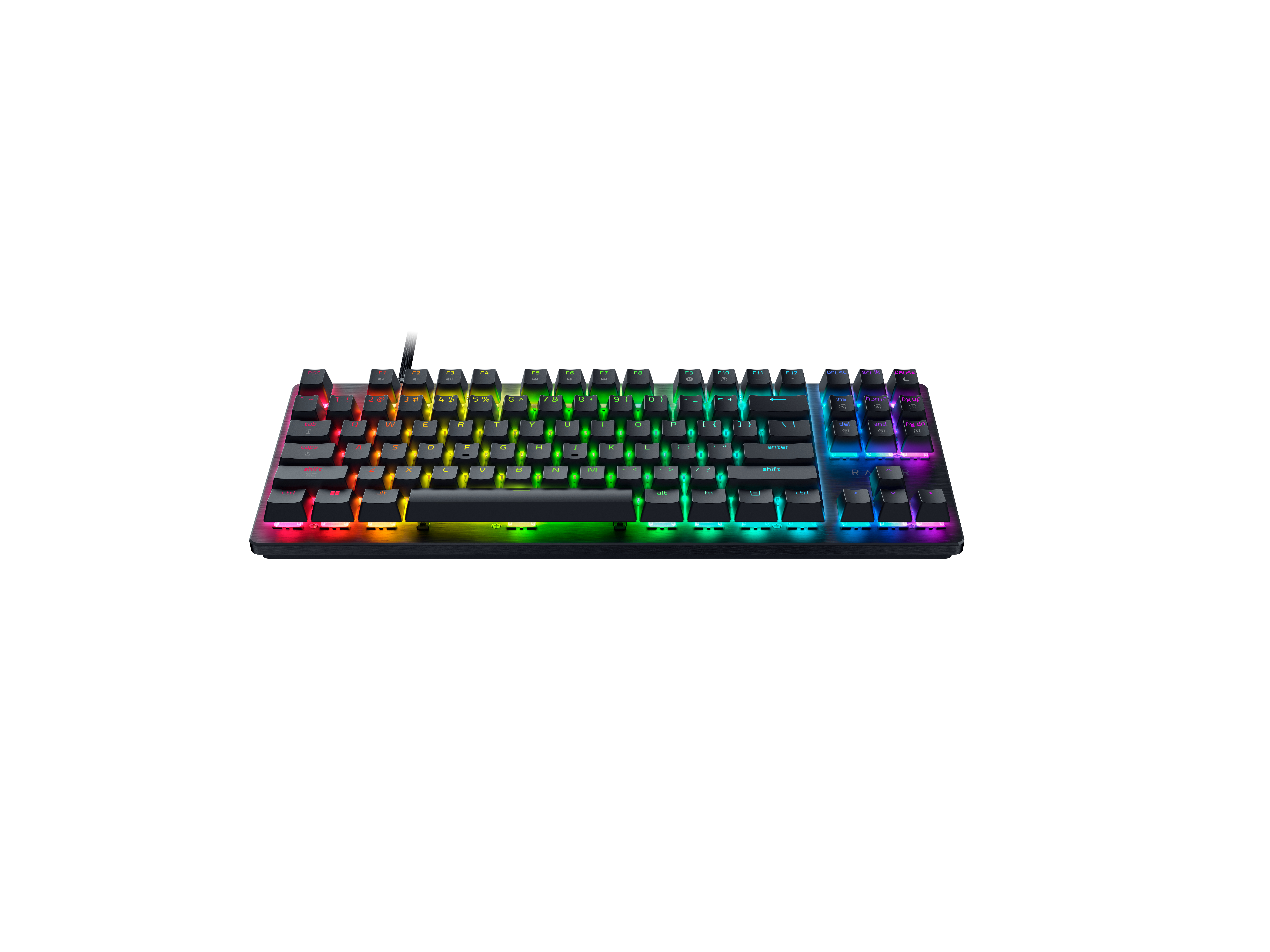 Eine schwarze mechanische Tastatur mit lebendiger RGB-Hintergrundbeleuchtung vor einem weißen Hintergrund.