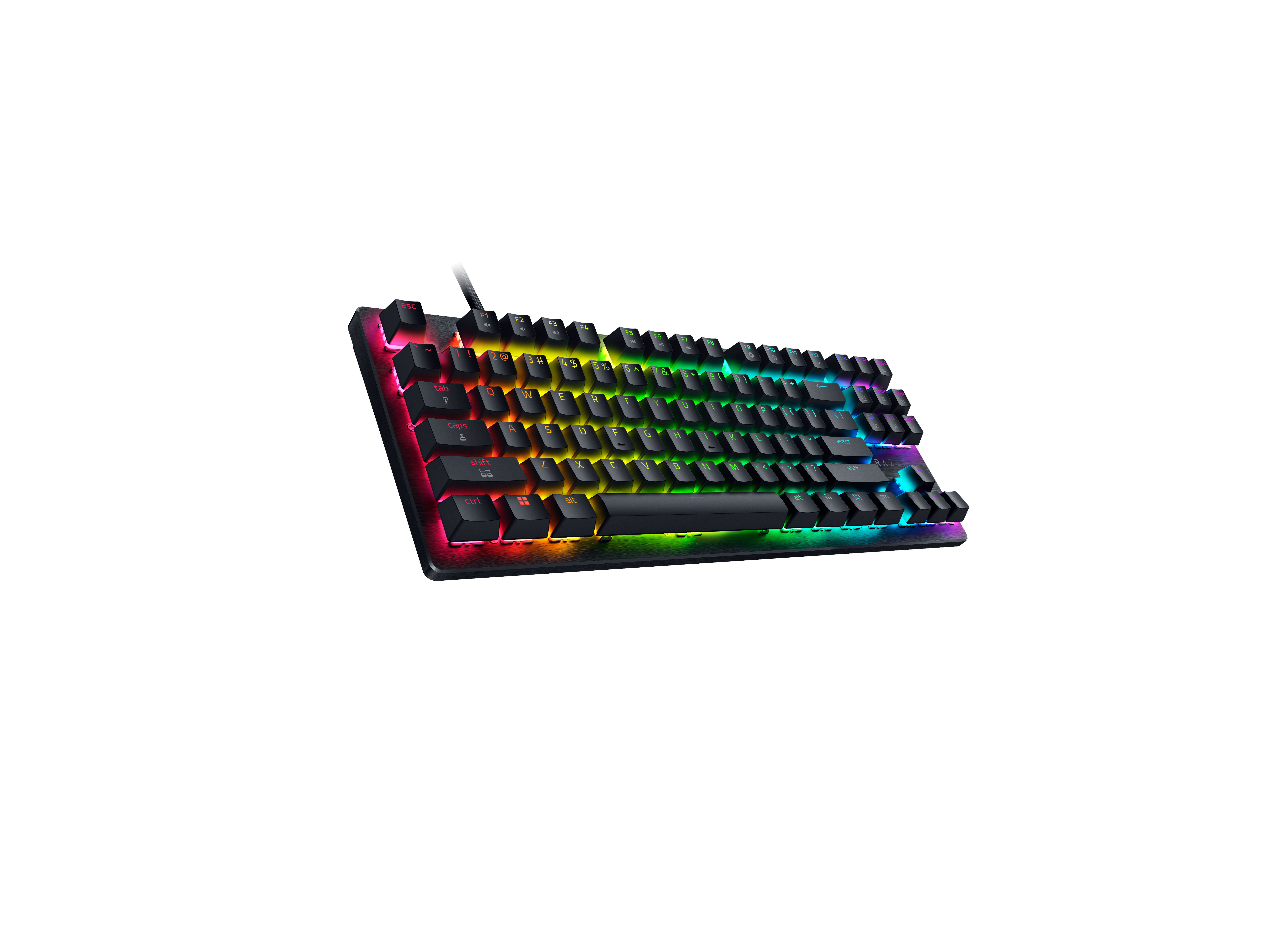 Eine schwarze mechanische Gaming-Tastatur mit lebendiger RGB-Hintergrundbeleuchtung auf einem weißen Hintergrund.