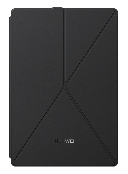 Czarne etui na tablet z geometrycznym wzorem składania i logo Huawei na dole.