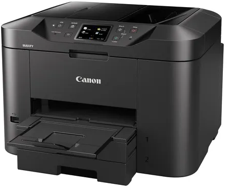 Ein schwarzer Canon Multifunktionsdrucker mit ausgezogenem Papierfach auf weißem Hintergrund.