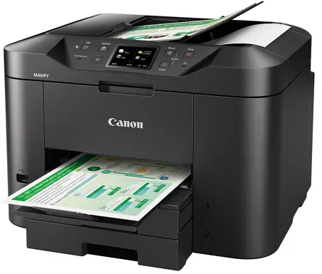 Schwarzer Canon-Multifunktionsdrucker mit bedrucktem Papier im Ausgabefach und auf dem automatischen Dokumenteneinzug.