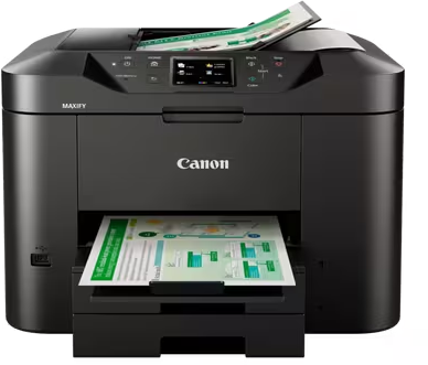 Ein schwarzer Canon Multifunktionsdrucker auf schwarzem Hintergrund mit gedruckten Dokumenten im Fach und Einzug.