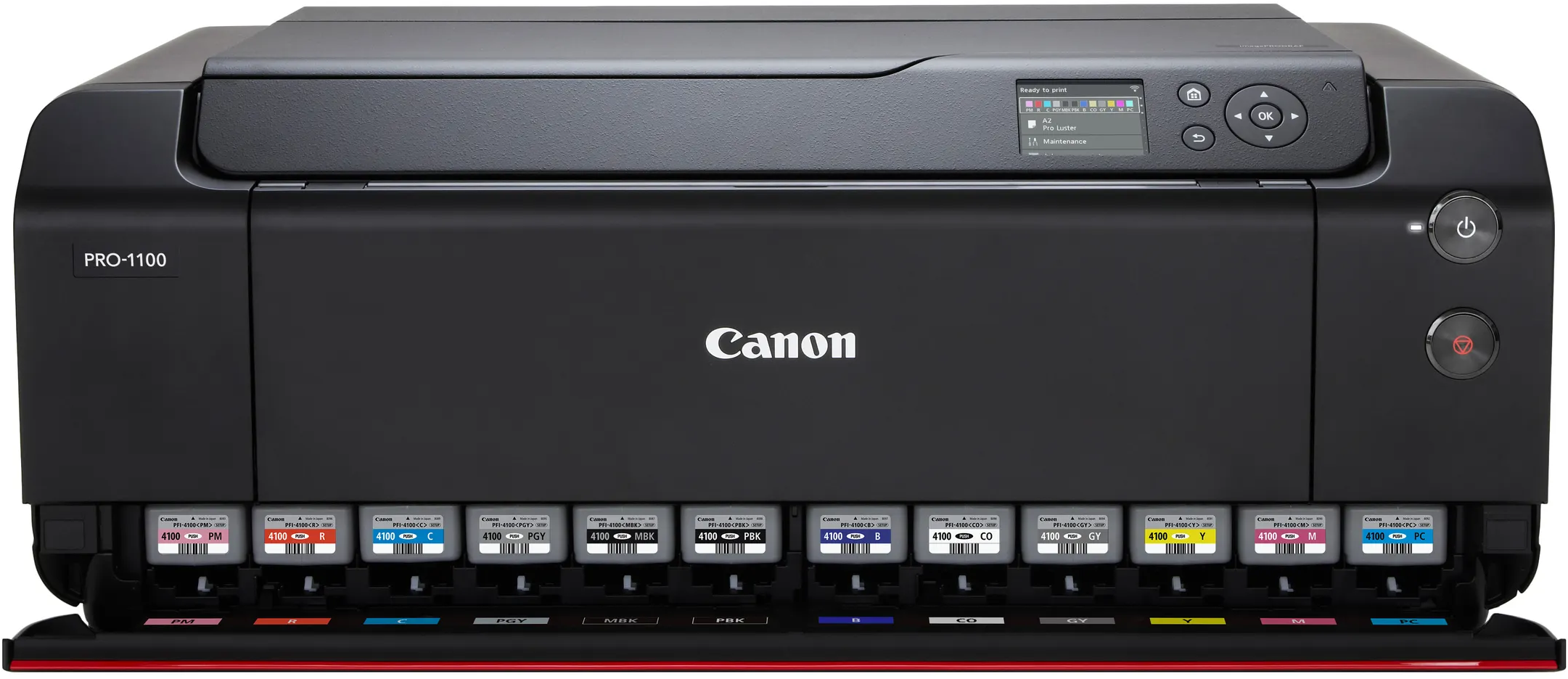 Una stampante nera Canon PRO-1100 con pannello di controllo e cartucce d'inchiostro.