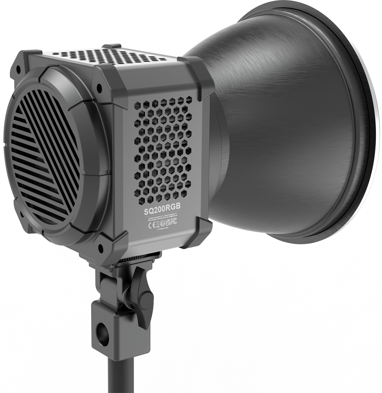 Lumière de studio noire SQ200RGB avec réflecteur sur fond blanc.
