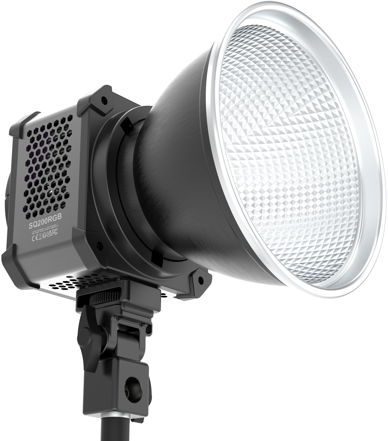Lumière LED SQ200RGB noire avec un grand réflecteur sur pied.