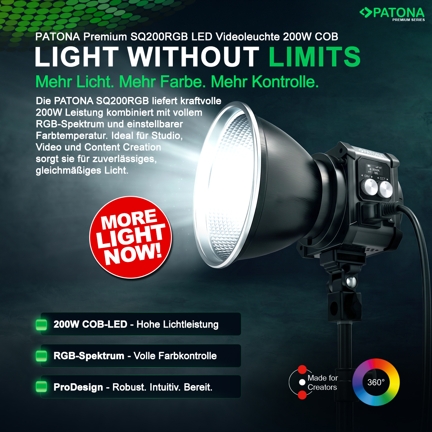 Éclairage vidéo LED PATONA SQ200RGB sur pied avec lumière vive et texte promotionnel sur fond bleu foncé.