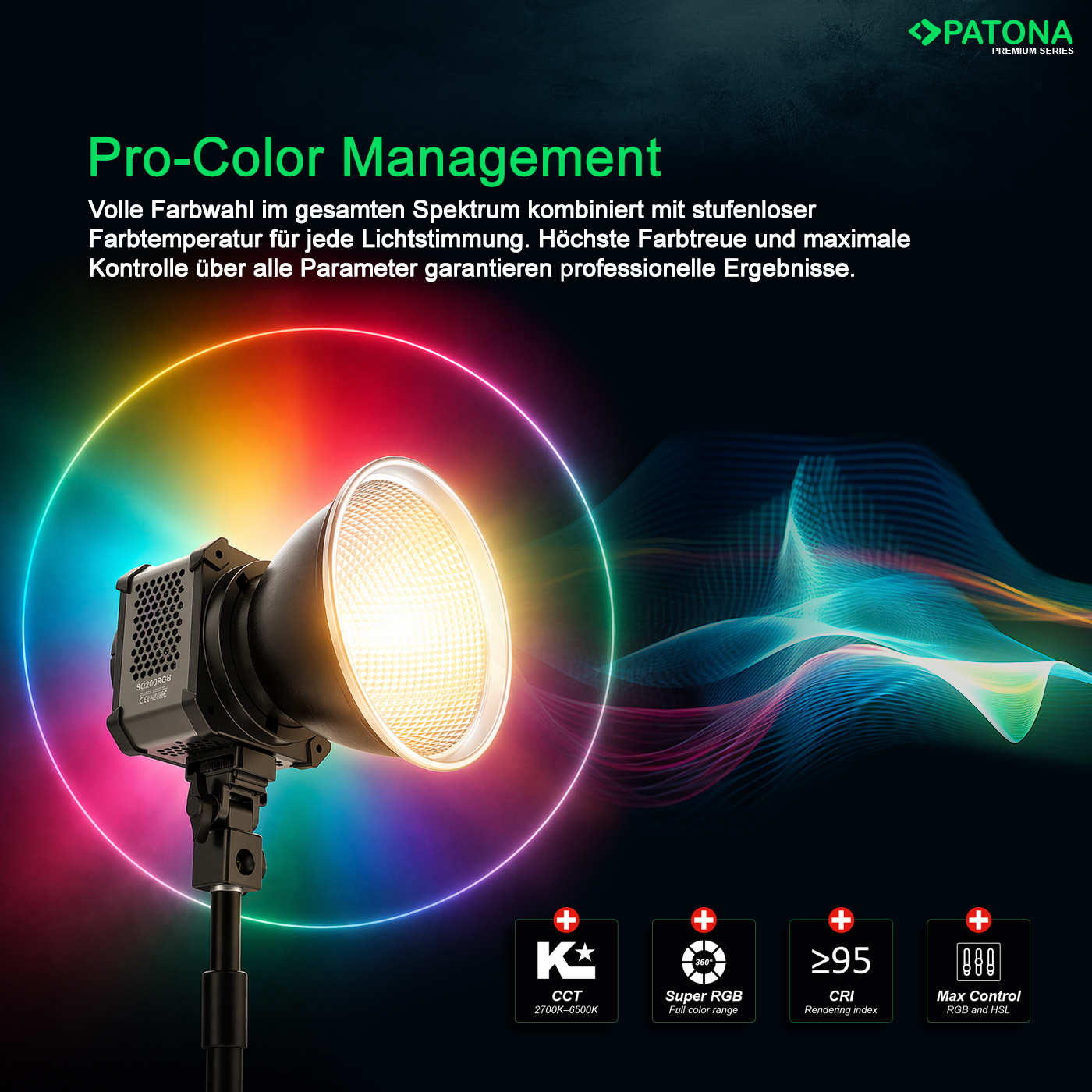 Éclairage de studio LED sur pied avec cercle de couleur et gestion des couleurs.