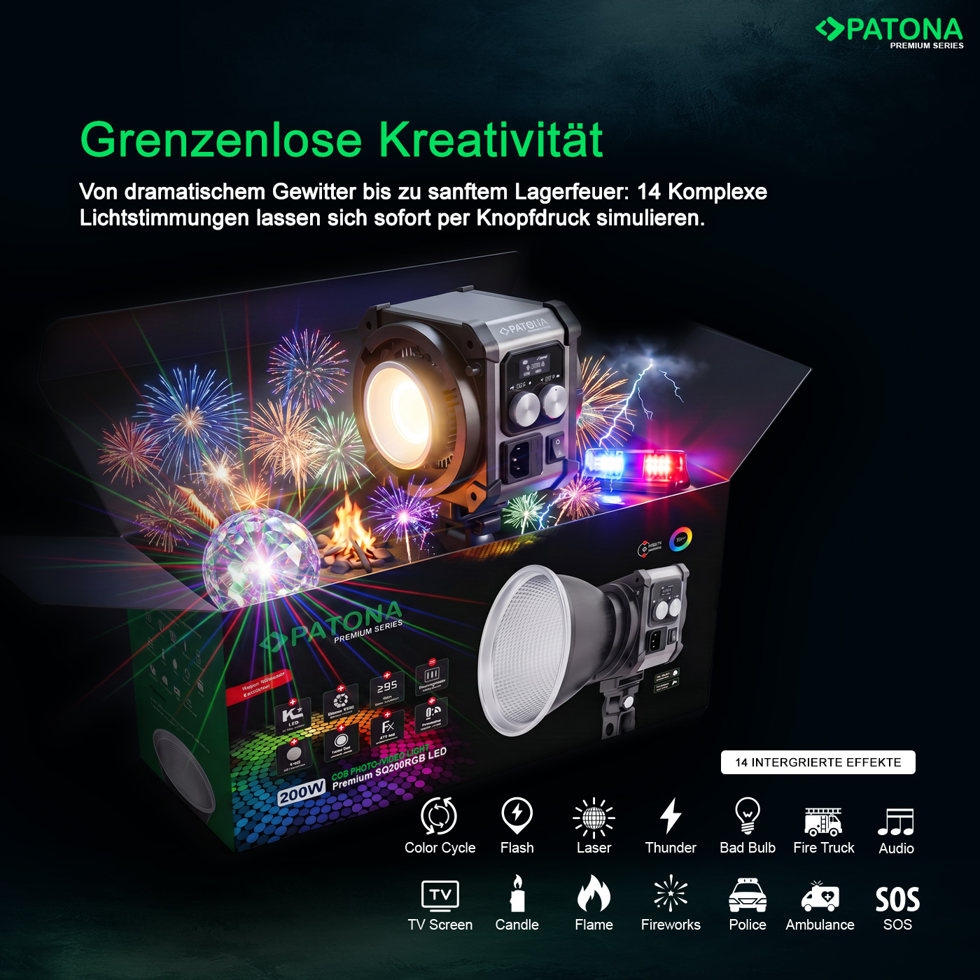 Lampe LED Patona dans une boîte avec des effets comme feux d'artifice et police.