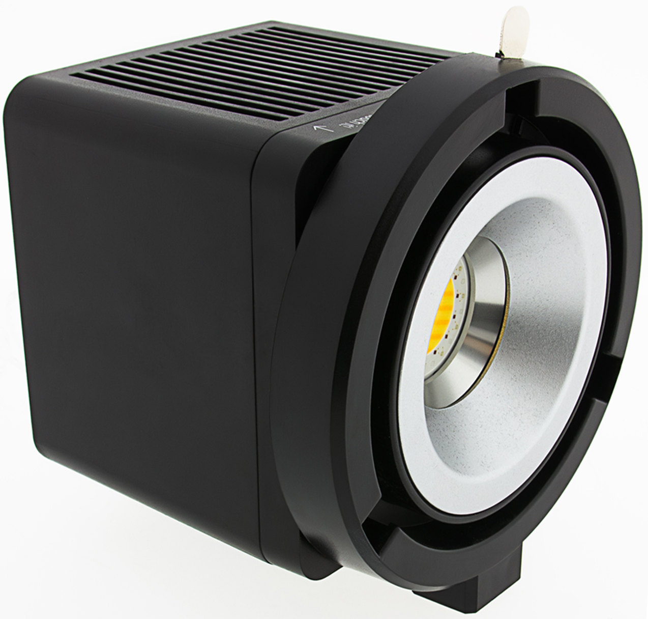 Une lampe de photographie LED cubique noire avec une grande ampoule circulaire jaune et argentée à l'avant.
