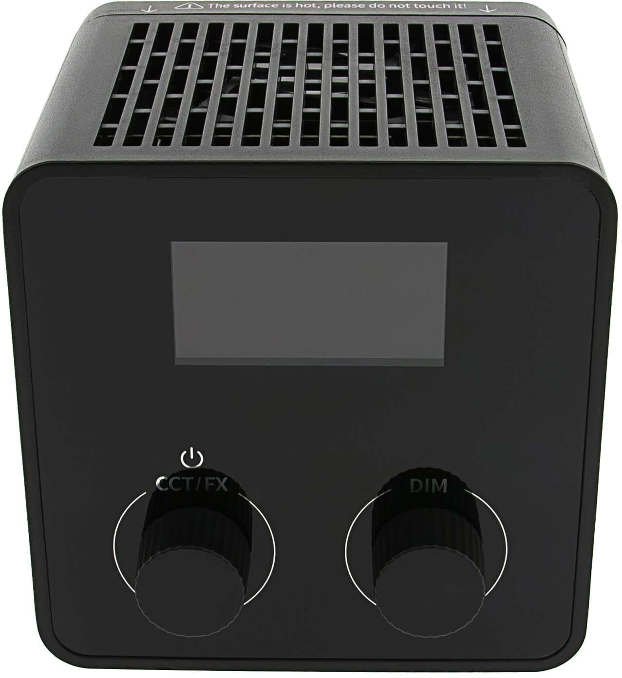 Boîtier de commande noir avec écran LCD, deux molettes CCT/FX et DIM, et grilles de ventilation supérieures.