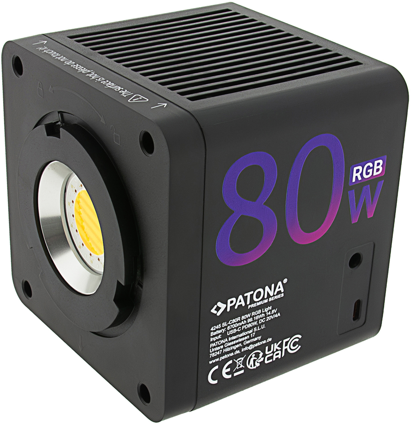 Lampe vidéo LED RGB PATONA 80W noire avec LED COB jaune et détails techniques imprimés sur le côté.