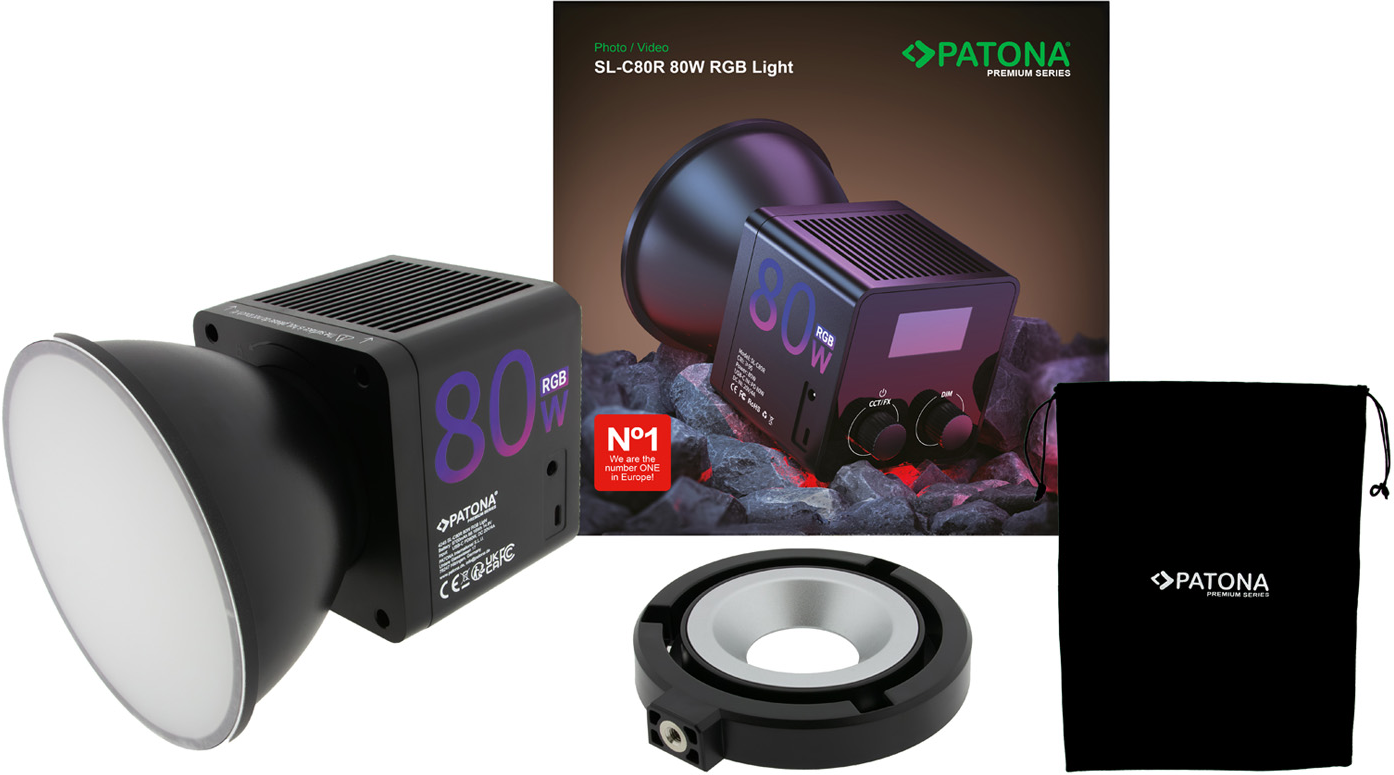 Lampe RGB Patona SL-C80R 80W avec softbox, adaptateur, sac et emballage.