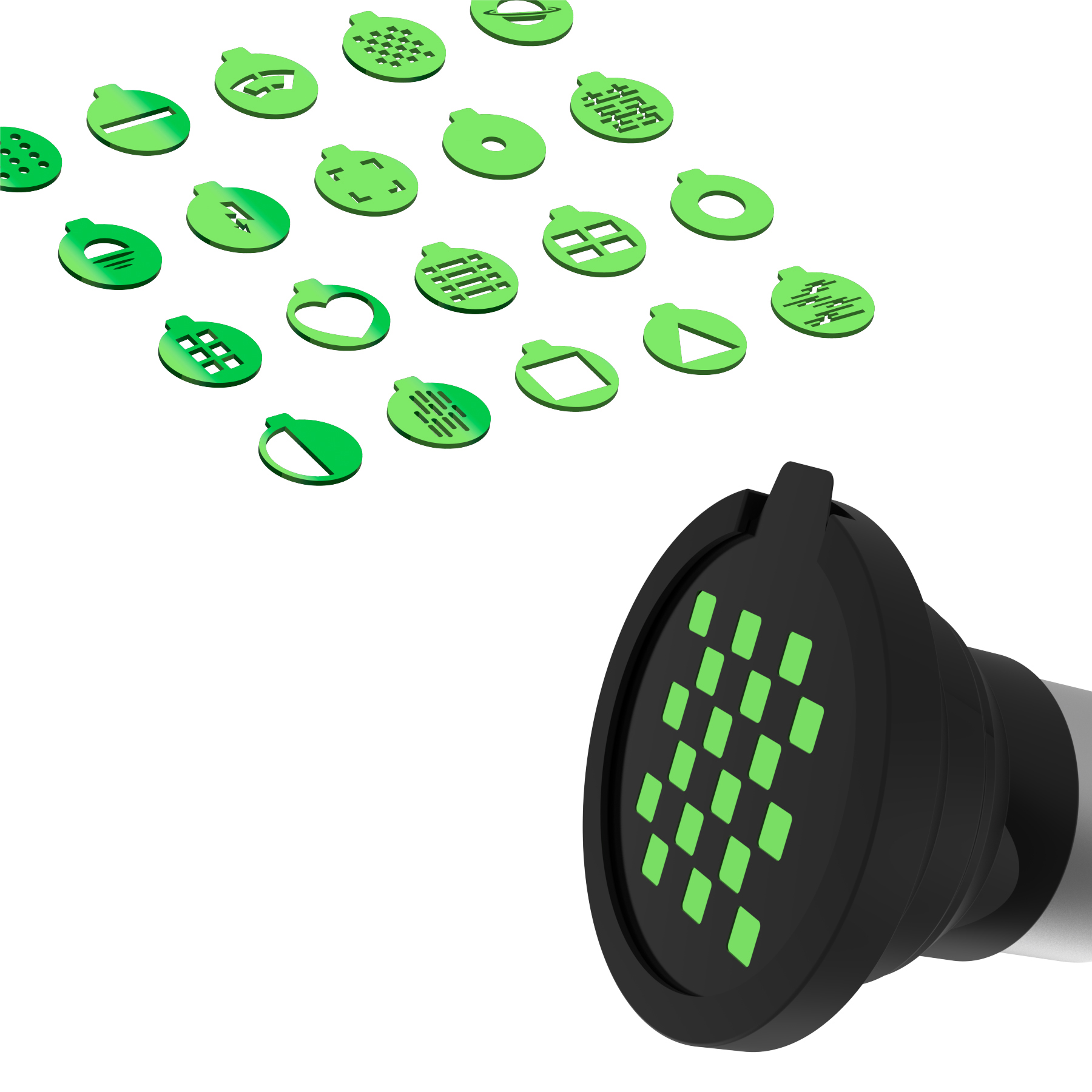 Un appareil noir avec une lumière verte et divers pochoirs verts sur fond blanc.