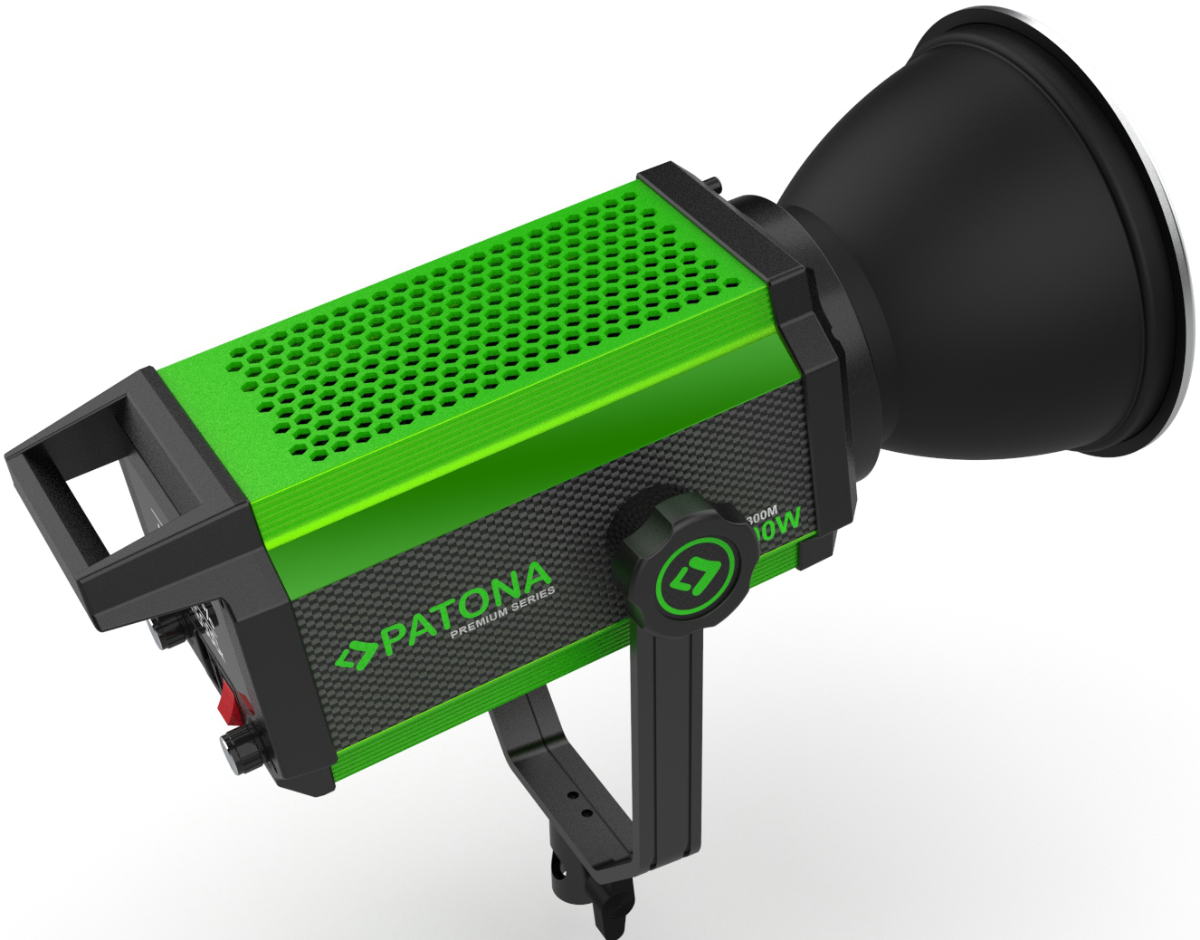 Lampe de studio vidéo LED PATONA verte et noire avec réflecteur sur fond blanc.