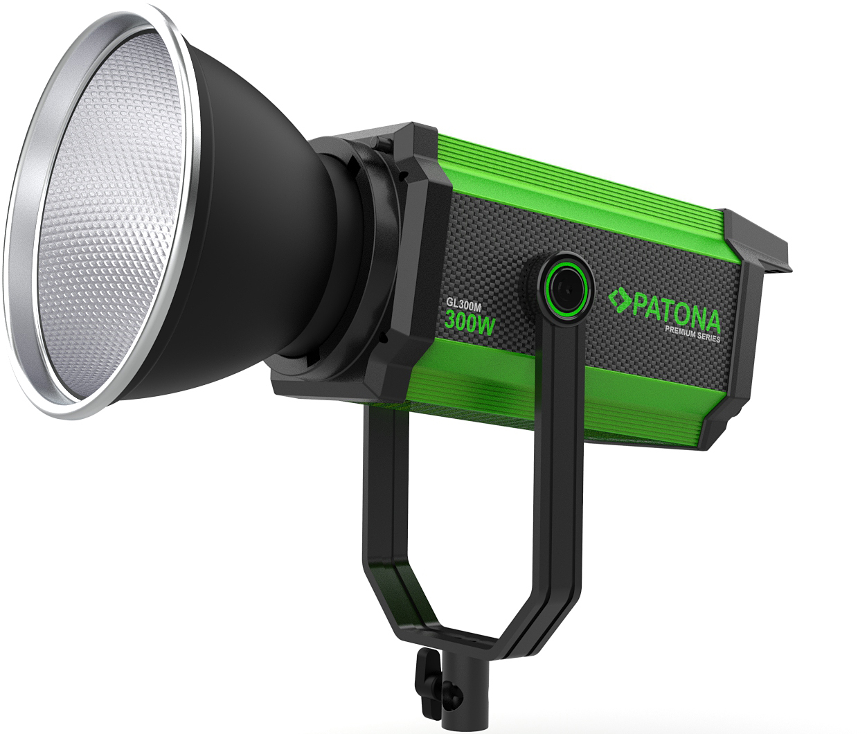 Éclairage de studio LED PATONA 300W vert et noir avec réflecteur sur fond blanc.