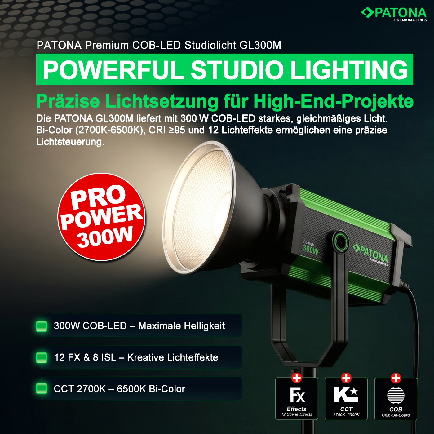 Projecteur de studio PATONA GL300M avec LED COB 300W et boîtier vert sur fond gris foncé.