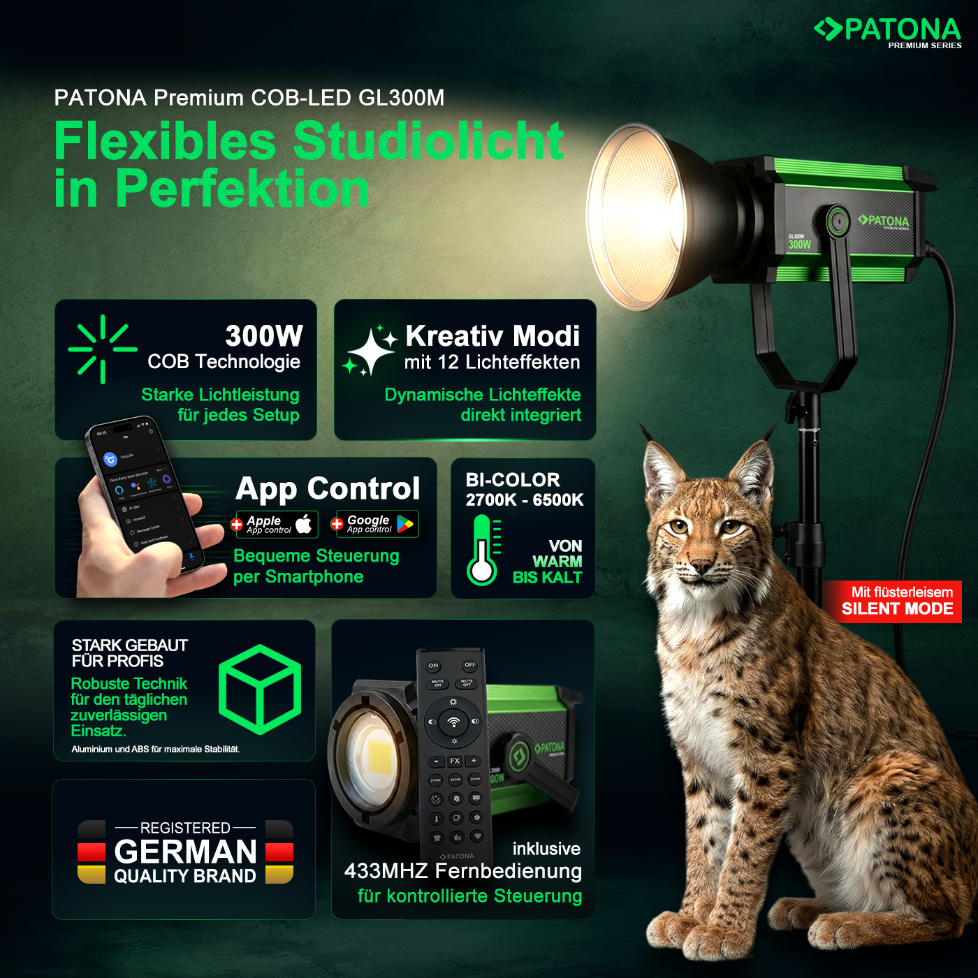 Lampe de studio PATONA COB-LED GL300M verte et noire avec lynx, télécommande et graphiques.