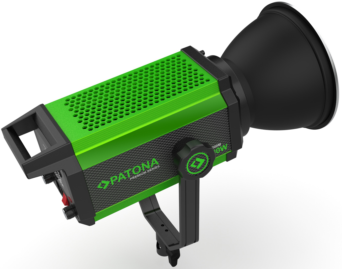 Lampe de studio Patona vert et noir avec réflecteur et support sur fond blanc.