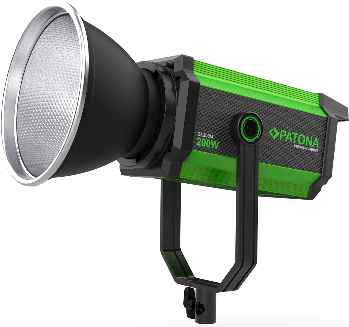 Une torche vidéo LED Patona 200W noire et verte avec grand réflecteur, sur fond blanc.