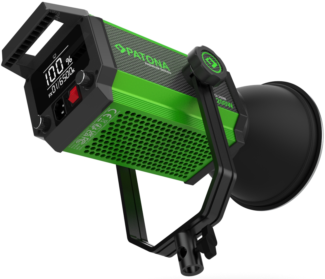 Projecteur LED Patona vert et noir avec écran et support.