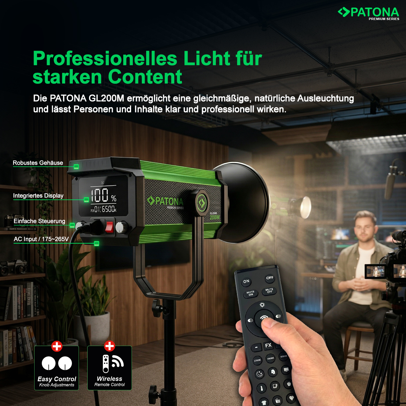 Éclairage studio LED Patona GL200M avec télécommande pour créateurs de contenu.