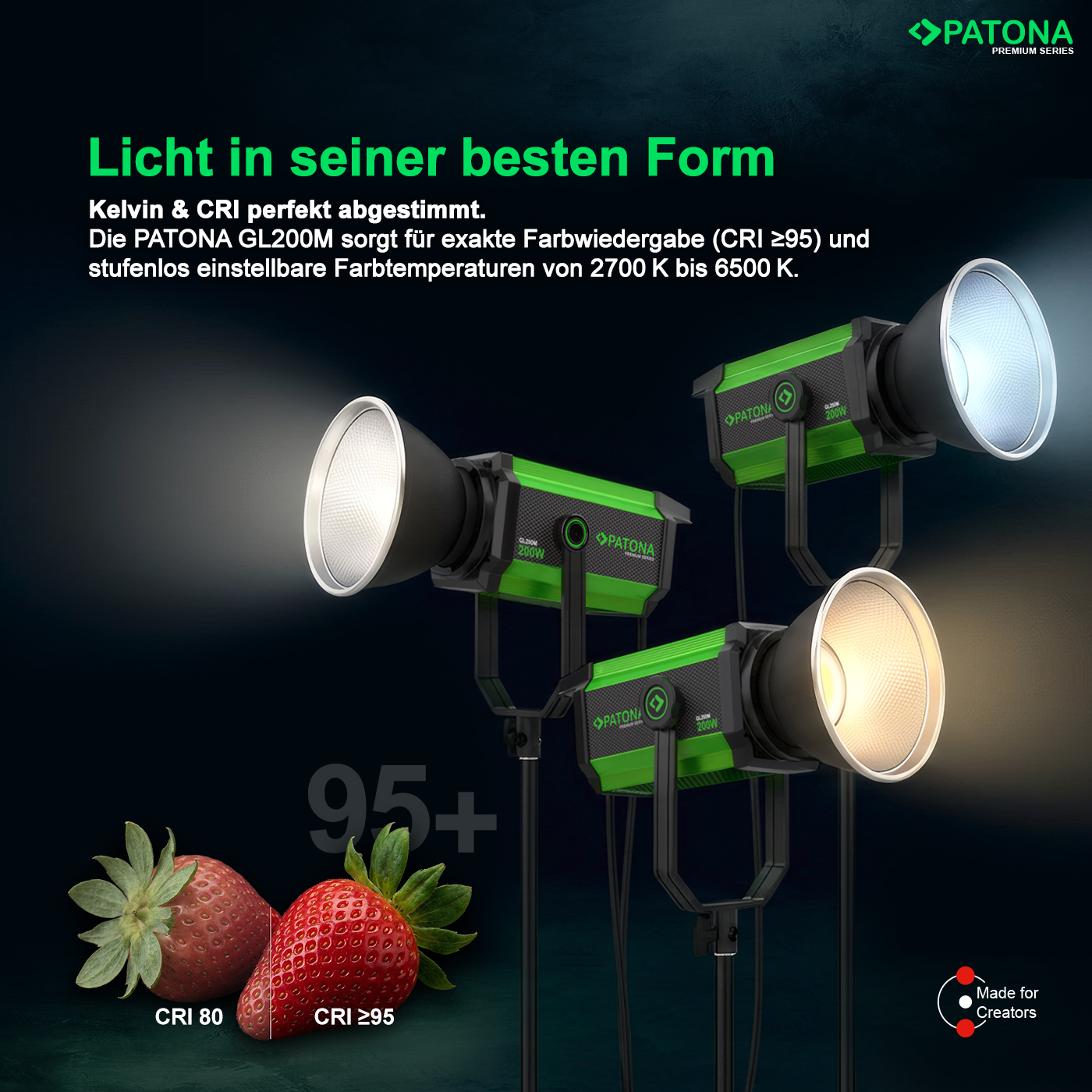 Trois lampes vertes Patona GL200M éclairent deux fraises montrant des différences de couleur.