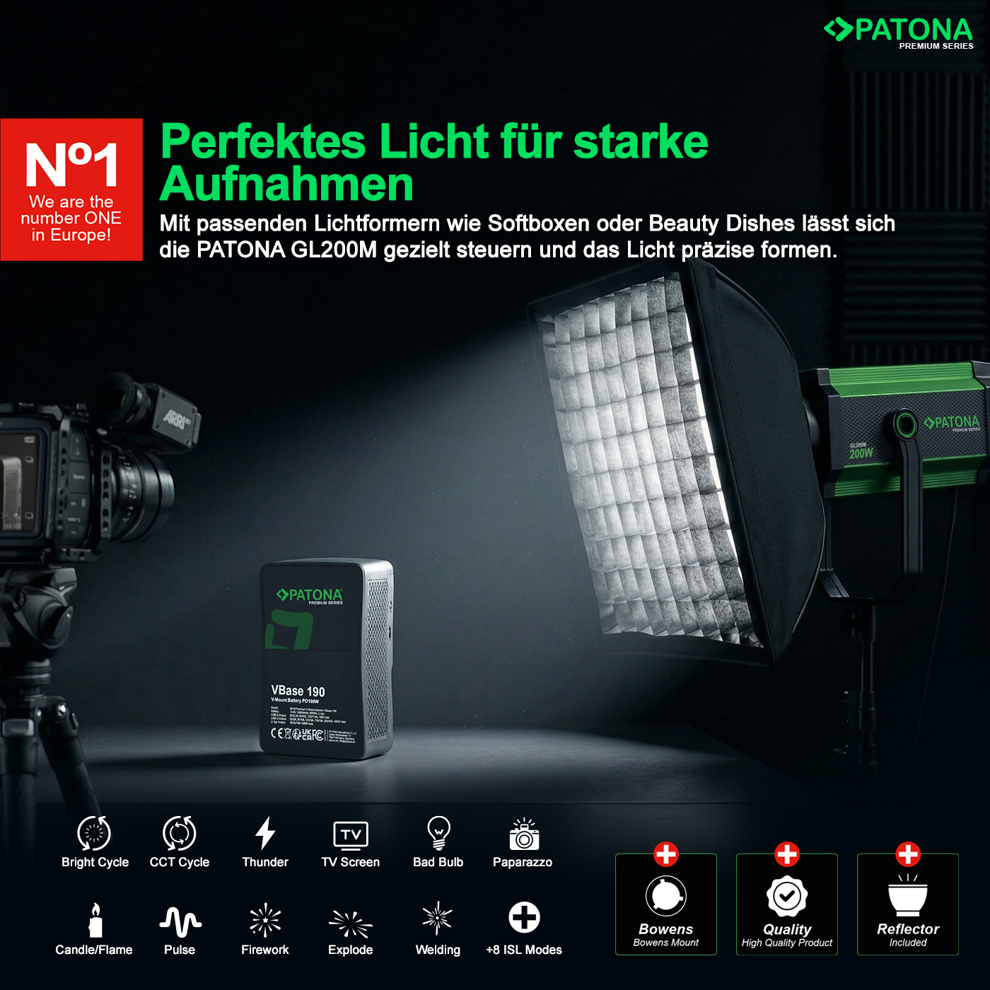 Lampe photo PATONA GL200M avec softbox, batterie VBase 190 et caméra en studio.