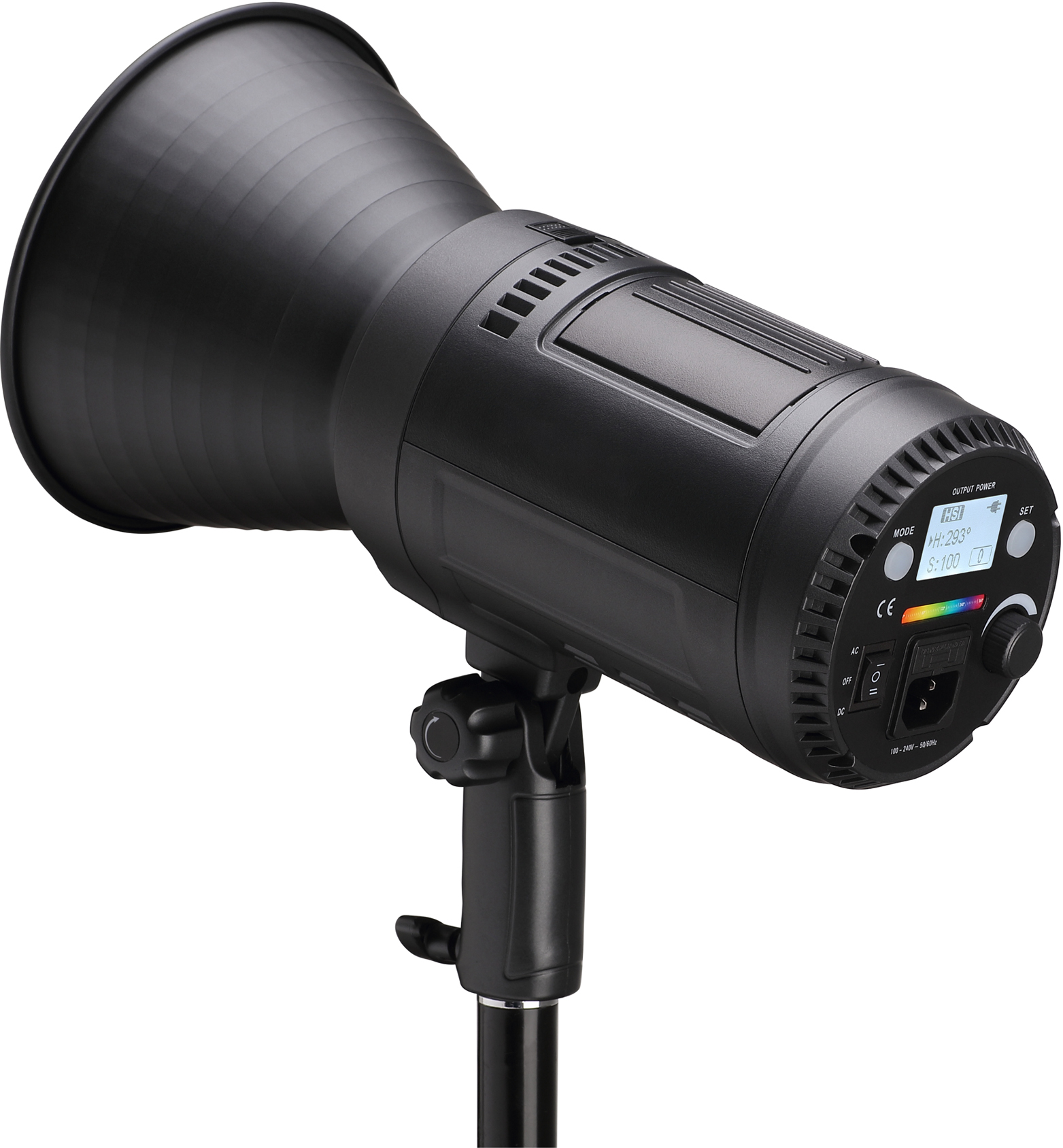 Un luminaire de studio noir avec un réflecteur est monté sur pied.
