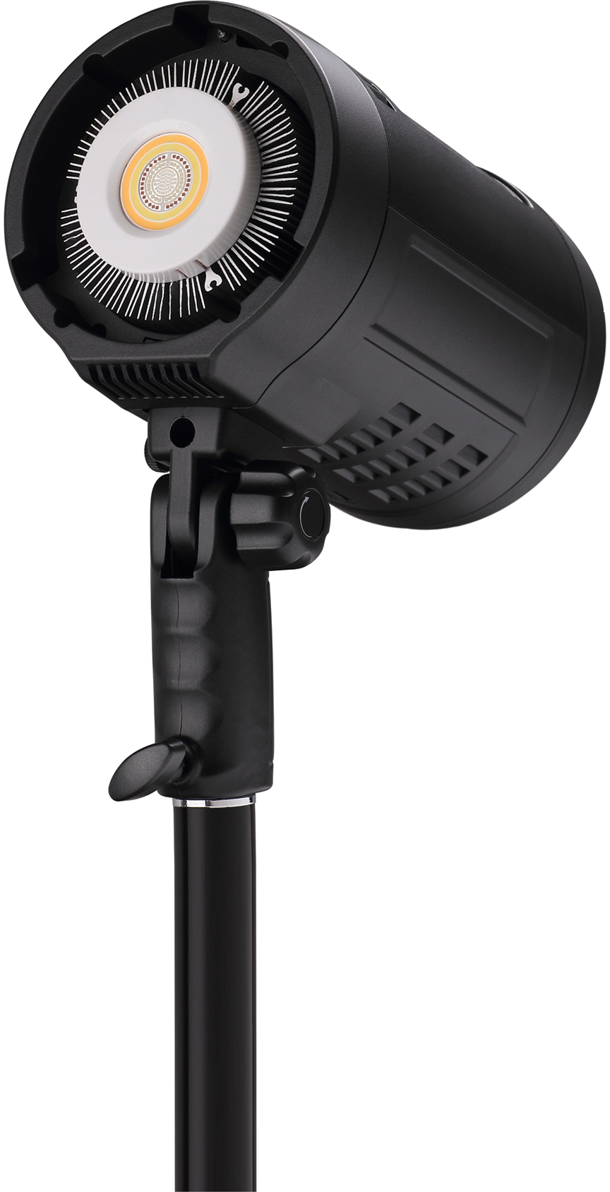 Lampe de studio photo noire montée sur un support réglable avec un émetteur LED rond.