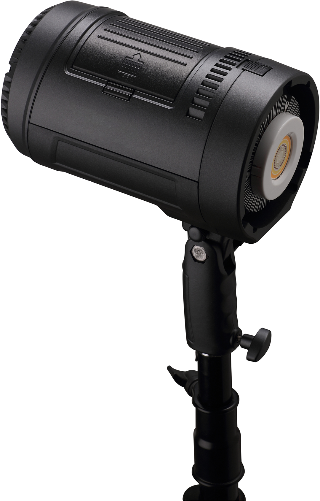 Lampe flash de studio noire montée sur un pied sur fond blanc.