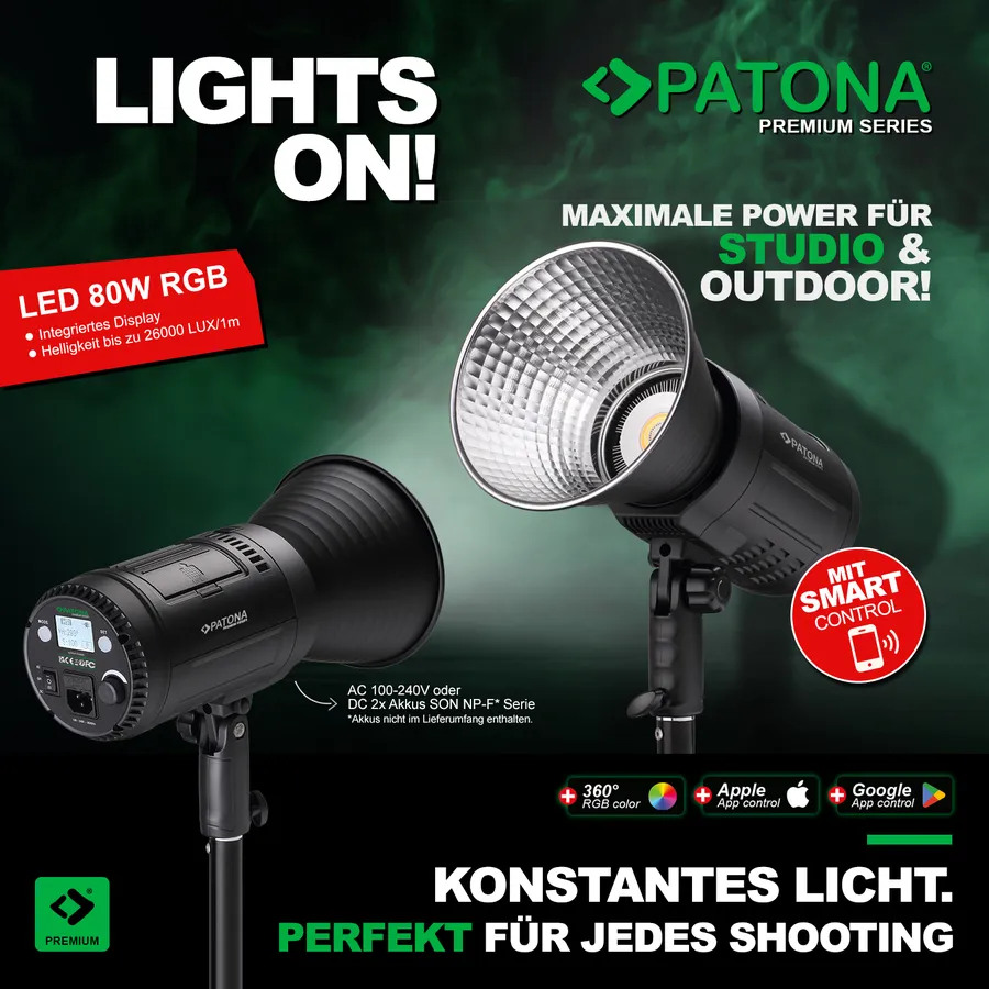Éclairage LED Patona 80W RGB pour studio et extérieur avec contrôle intelligent sur fond vert.