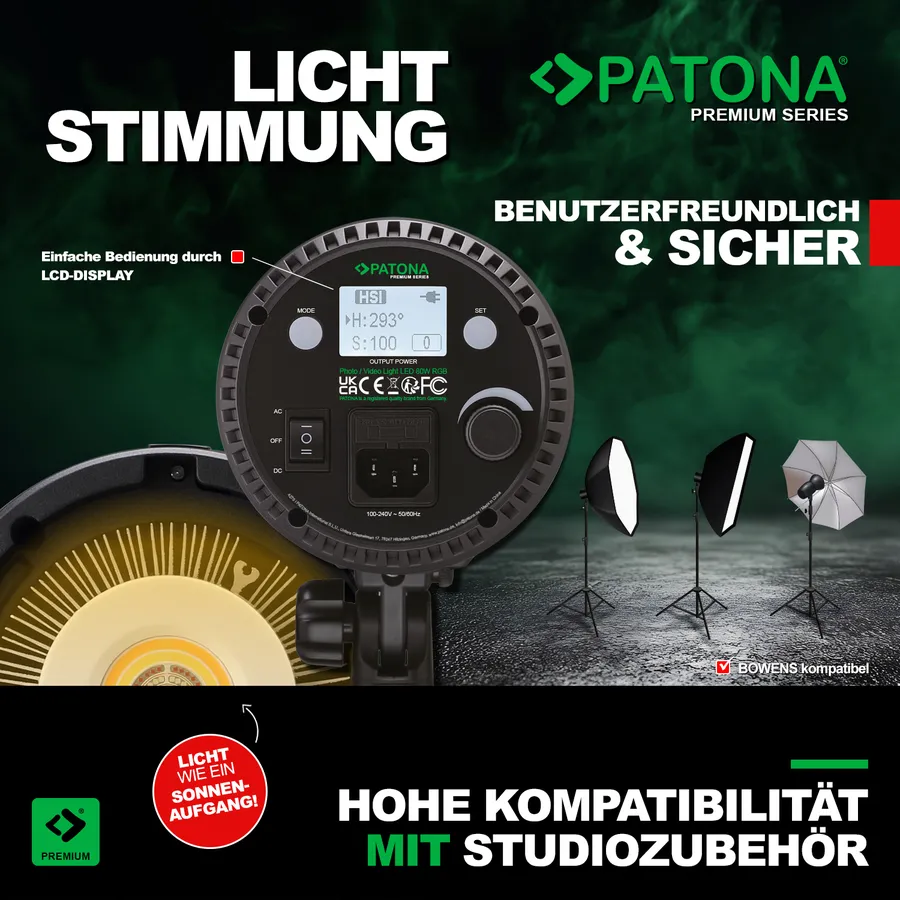 Éclairage de studio LED Patona avec écran LCD, boutons de contrôle et ports d'alimentation sur fond sombre.
