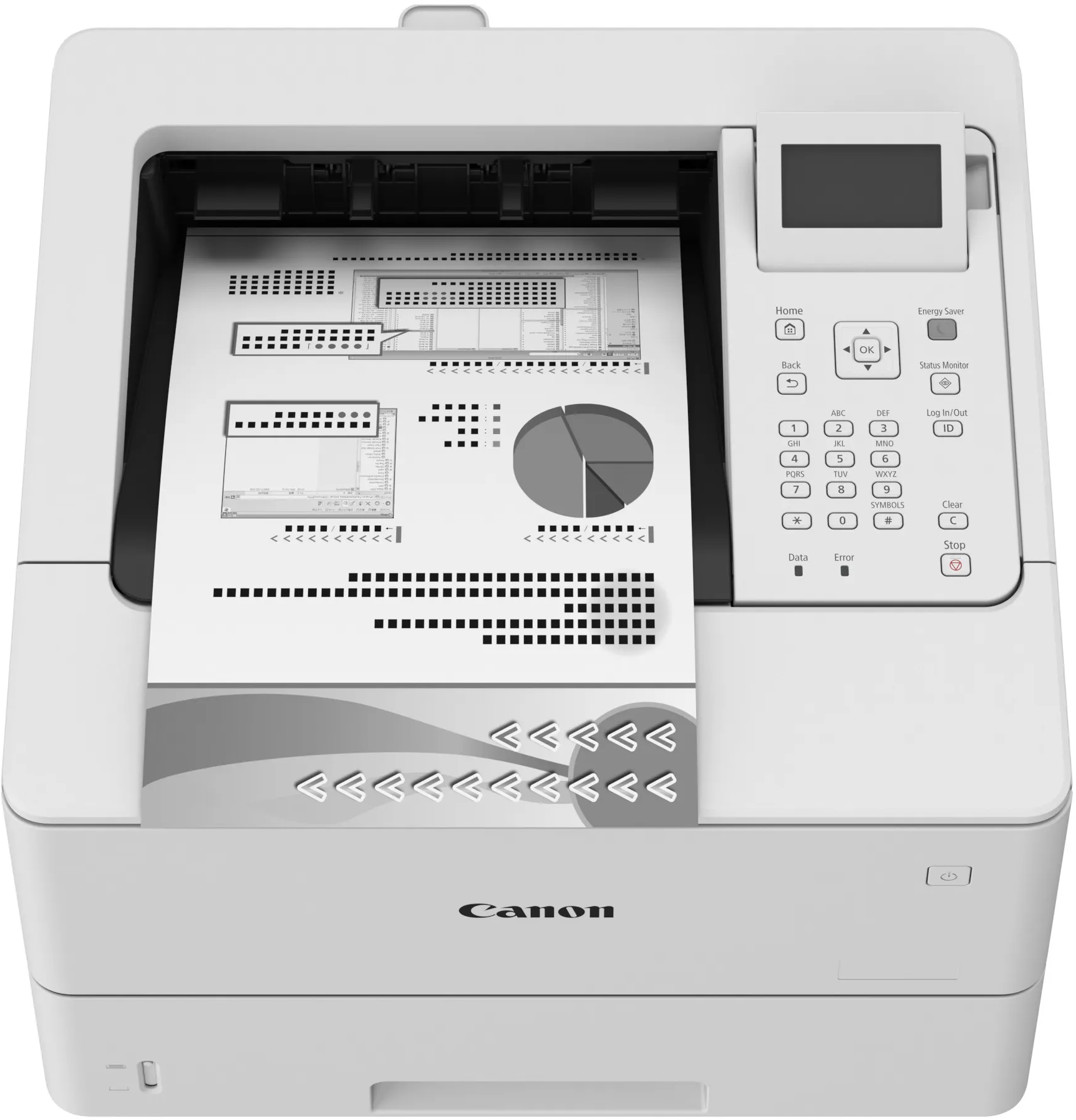 Une imprimante laser Canon blanche avec un document imprimé montrant des graphiques et du texte.