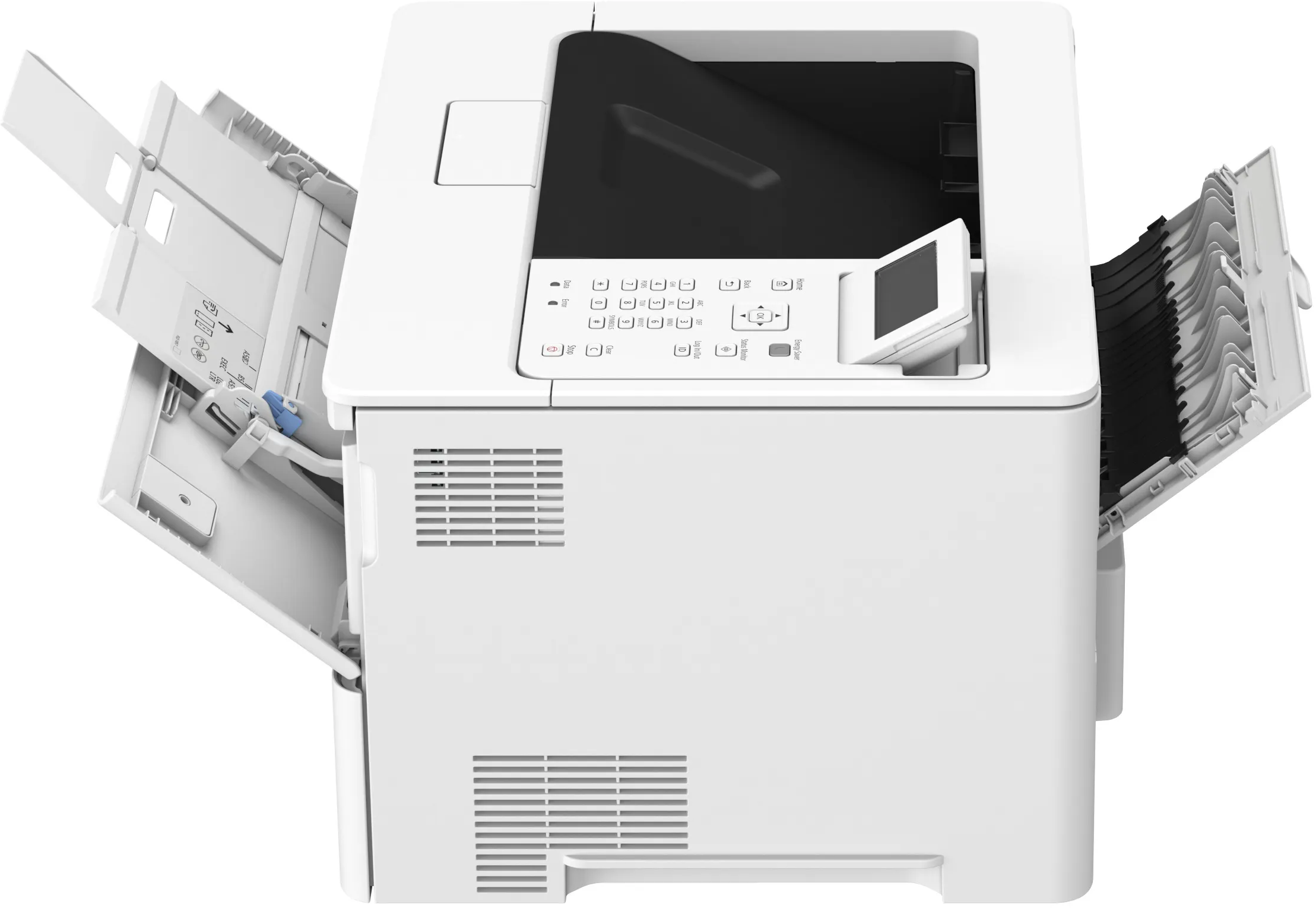 Une imprimante laser blanche avec des bacs à papier ouverts et un panneau de configuration.