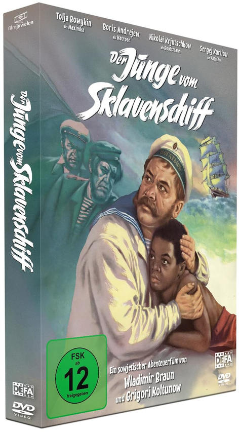 DVD-Cover des Films Der Junge vom Sklavenschiff mit Seemann und Jungen im Vordergrund sowie Schiff im Hintergrund.
