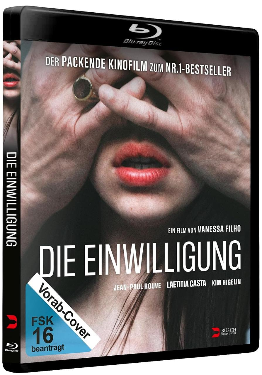 Blu-ray-Hülle des Films Die Einwilligung mit Händen im Gesicht und roten Lippen.