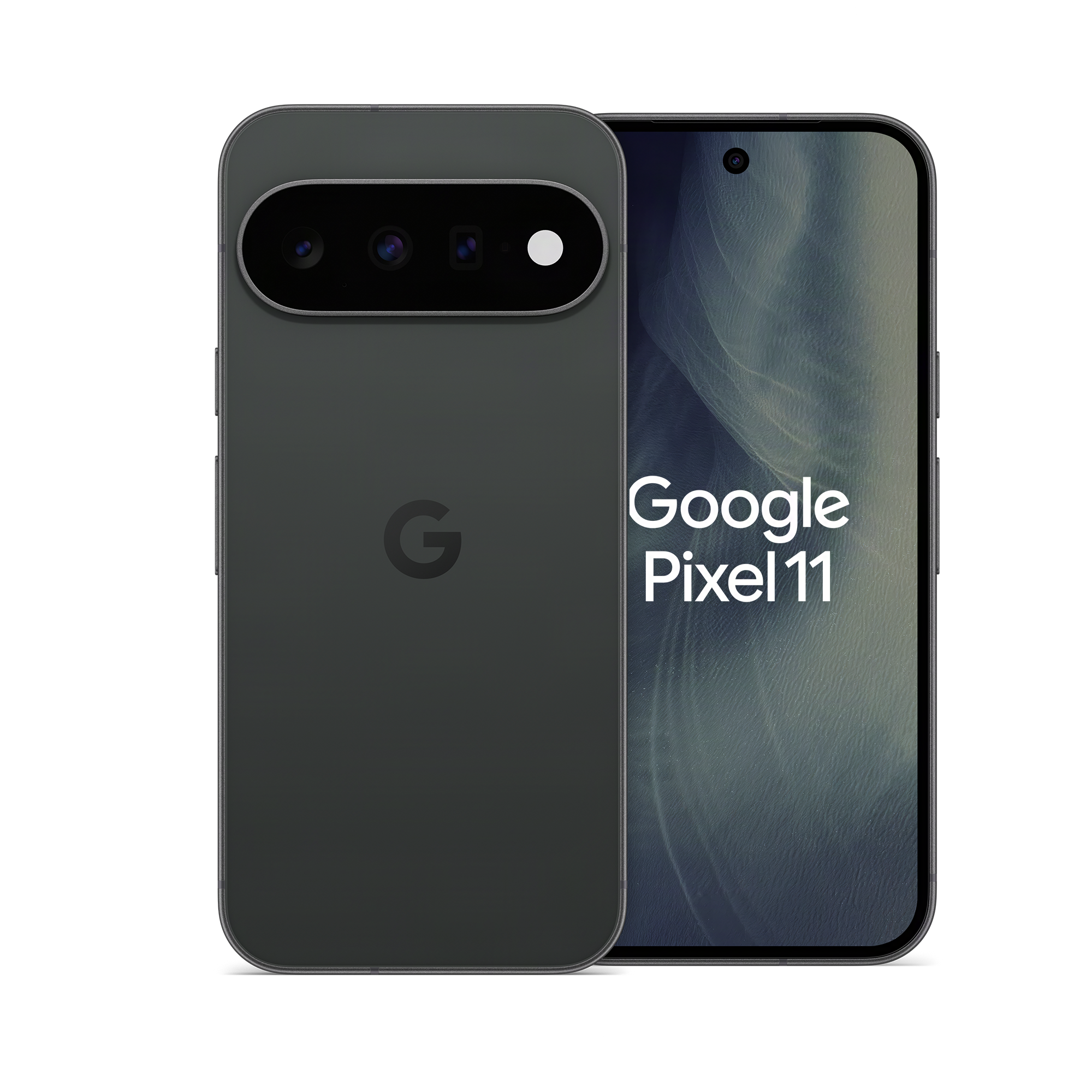 Zwei graue Google Pixel 11 Smartphones gegen einen schwarzen Hintergrund, eines zeigt die Kamera, das andere den Bildschirm.