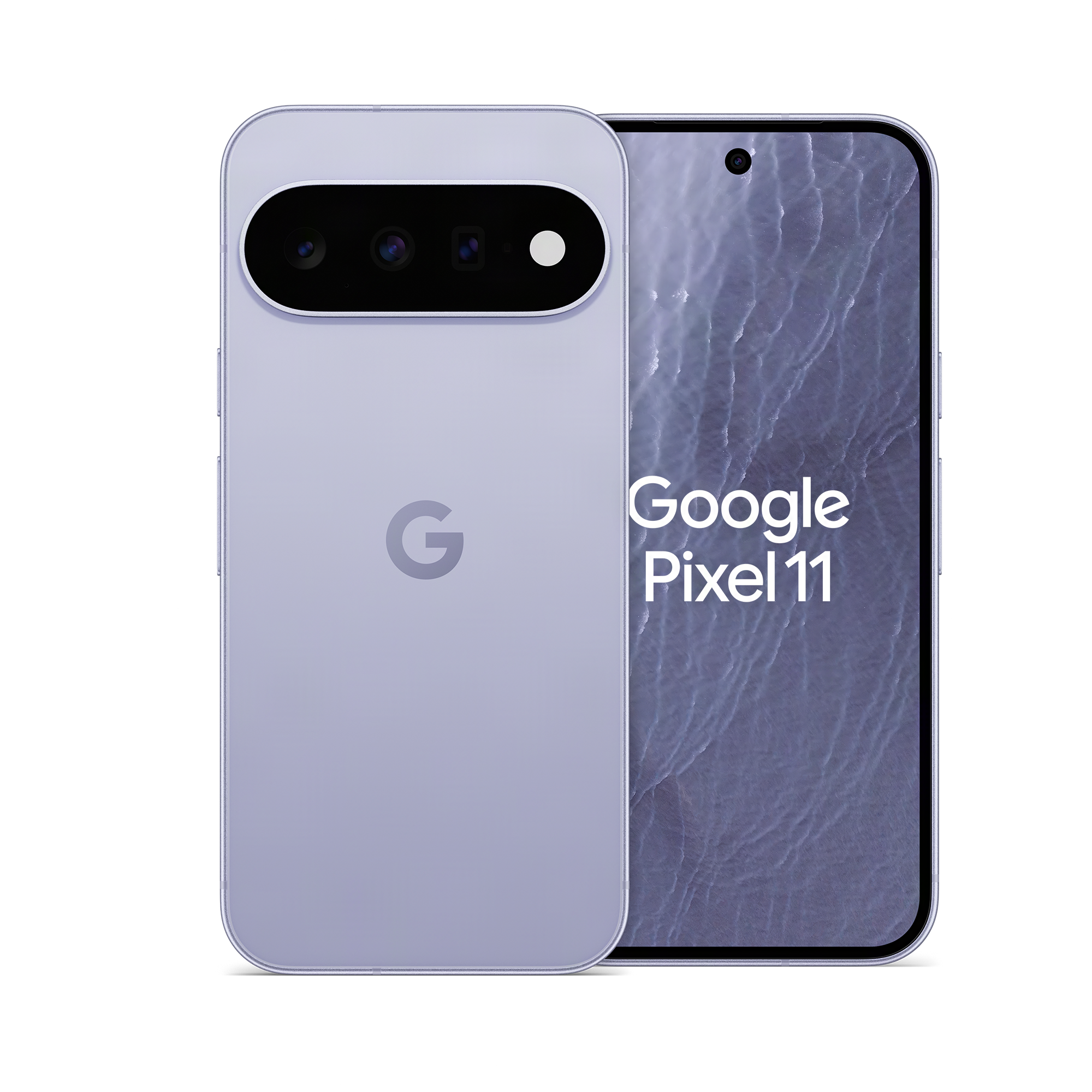 Google Pixel 11 in hellviolett, zeigt Vorder- und Rückseite mit Kamera-Modul.