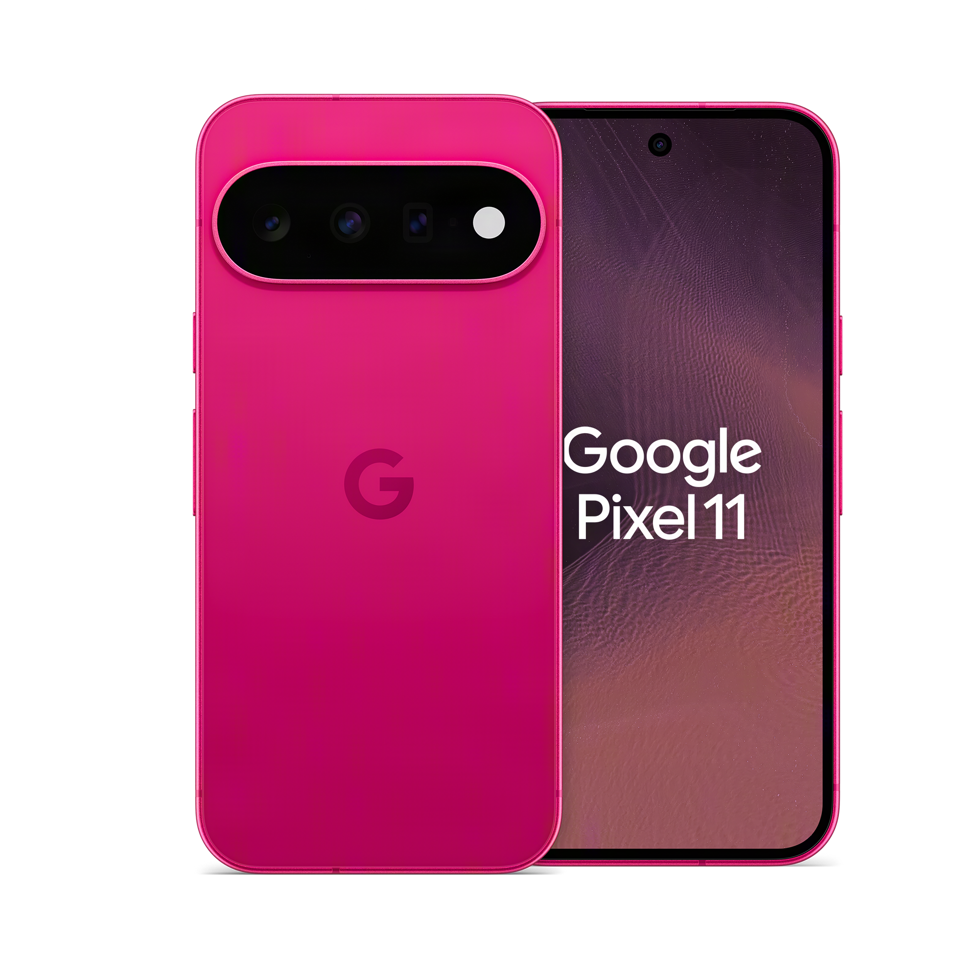 Vorder- und Rückseite eines pinken Google Pixel 11 Smartphones auf schwarzem Hintergrund.