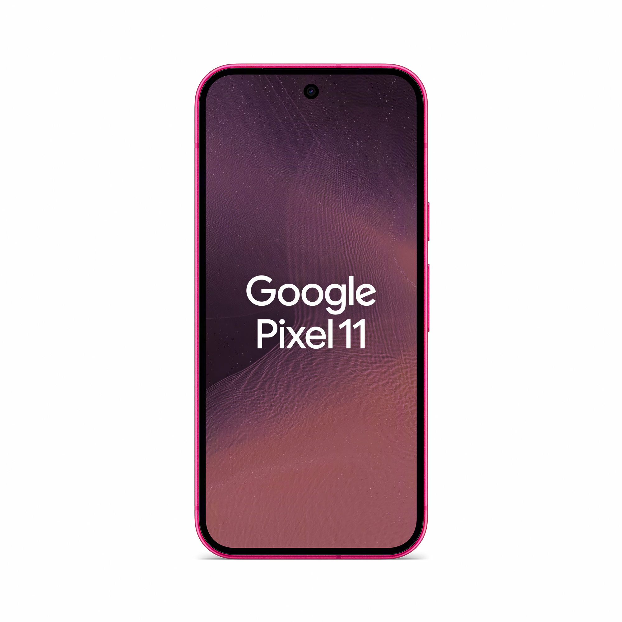 Ein pinkes Google Pixel 11 Smartphone mit abstrakten rosa Wellen auf dem Bildschirm vor schwarzem Hintergrund.