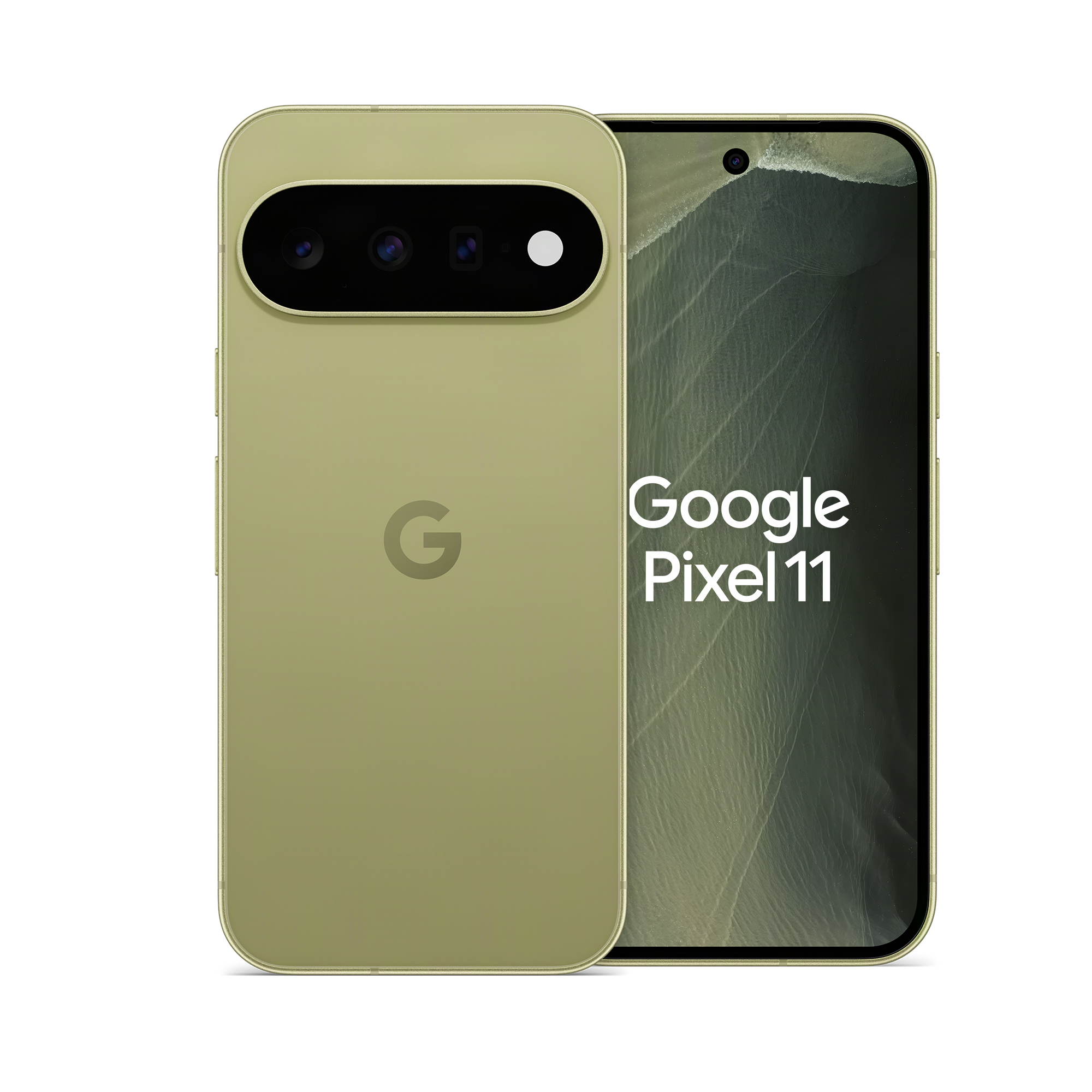Goldenes Google Pixel 11 Smartphone mit Triple-Kamera auf der Rückseite und Display mit Google Pixel 11 Text.