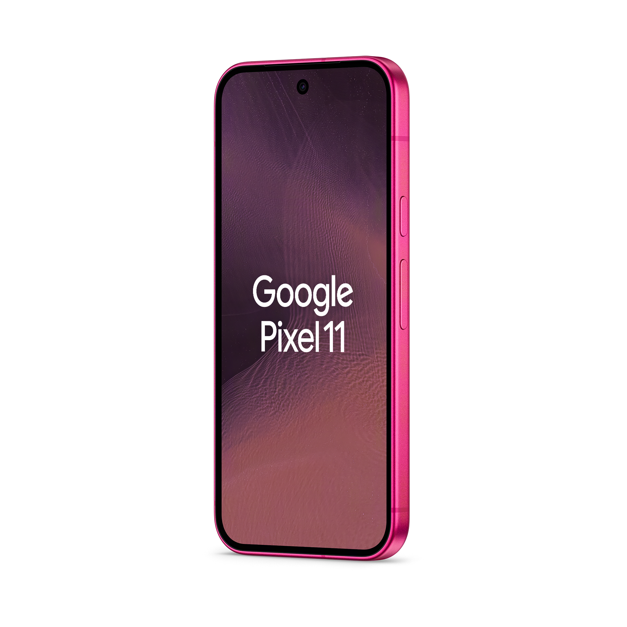 Ein pinkes Google Pixel 11 Smartphone mit dem Text 'Google Pixel 11' auf dem Display vor schwarzem Hintergrund.
