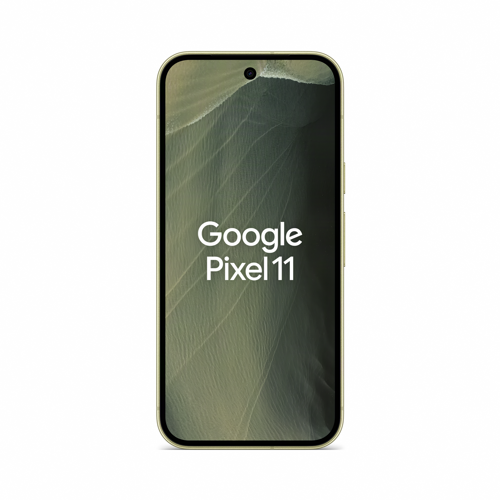Ein Smartphone mit der Aufschrift Google Pixel 11 auf dem Bildschirm, isoliert auf schwarzem Hintergrund.