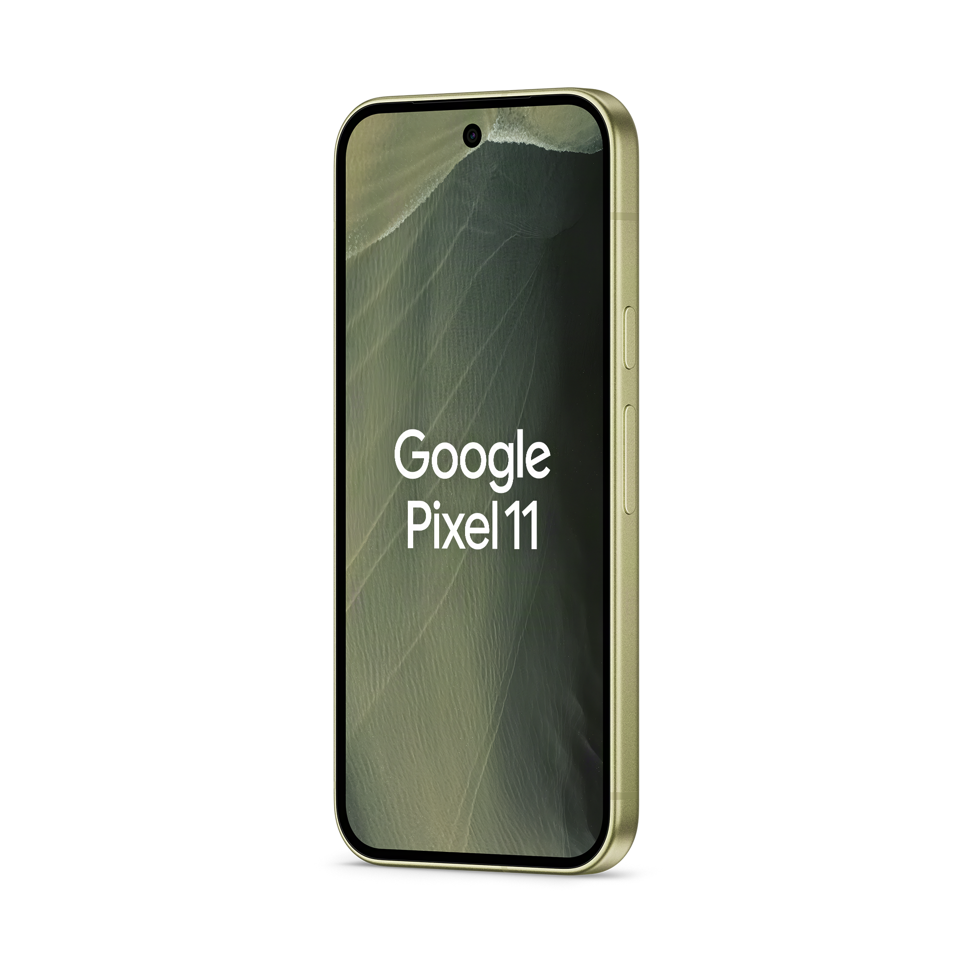 Ein hellgrünes Google Pixel 11 Smartphone auf schwarzem Hintergrund mit dem Text Google Pixel 11.