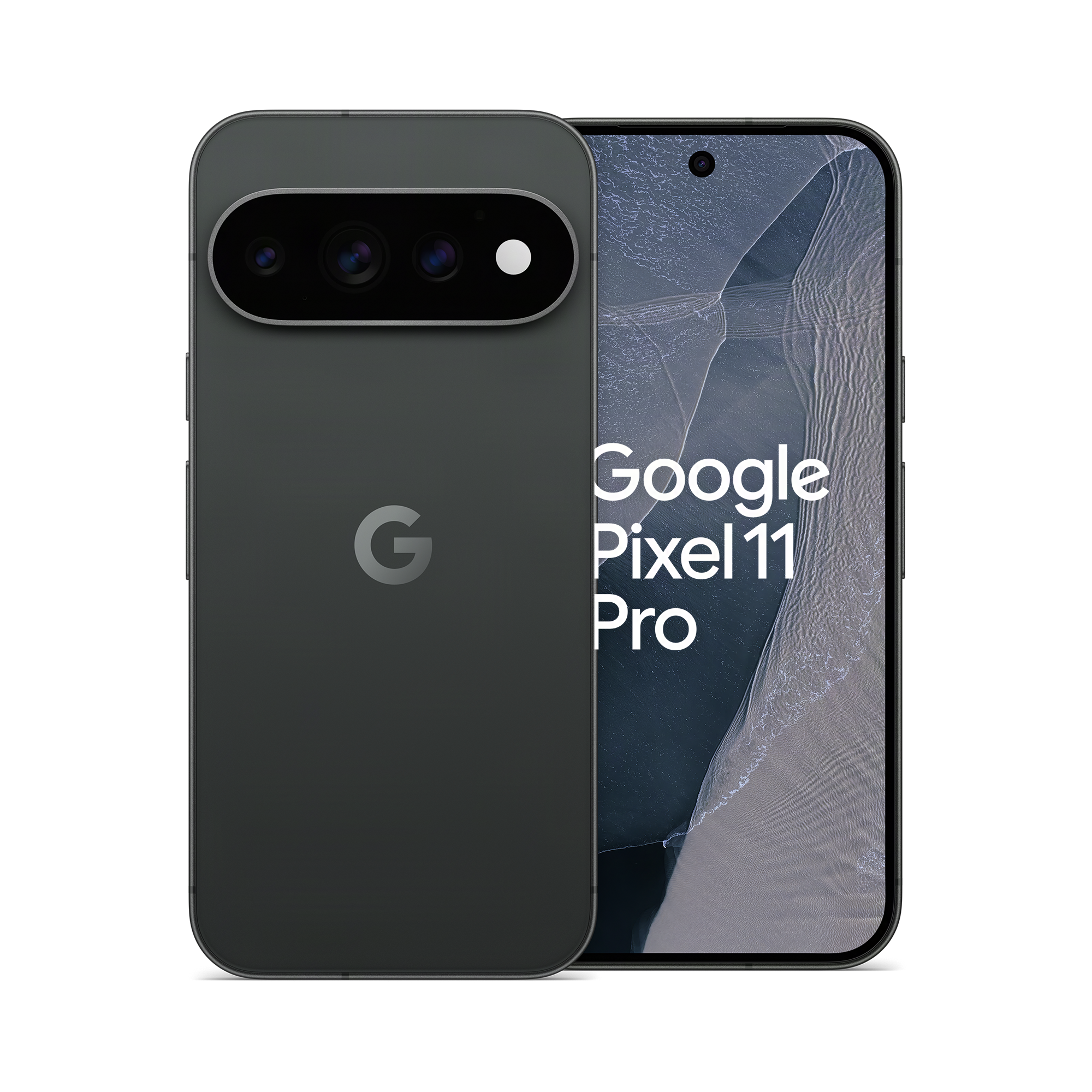 Dunkelgraues Google Pixel 11 Pro von vorne und hinten gegen schwarzen Hintergrund.
