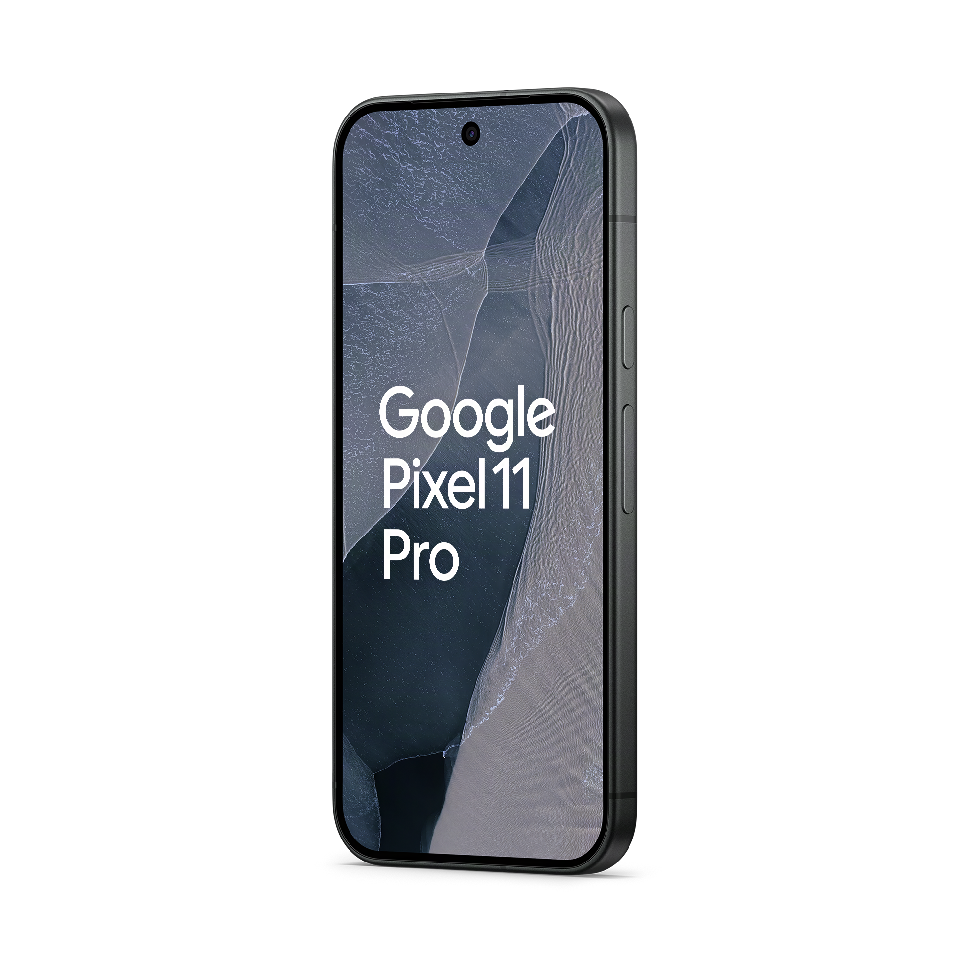 Ein schwarzes Google Pixel 11 Pro Smartphone mit abstraktem Hintergrund und Text auf dem Bildschirm vor schwarzem Hintergrund.