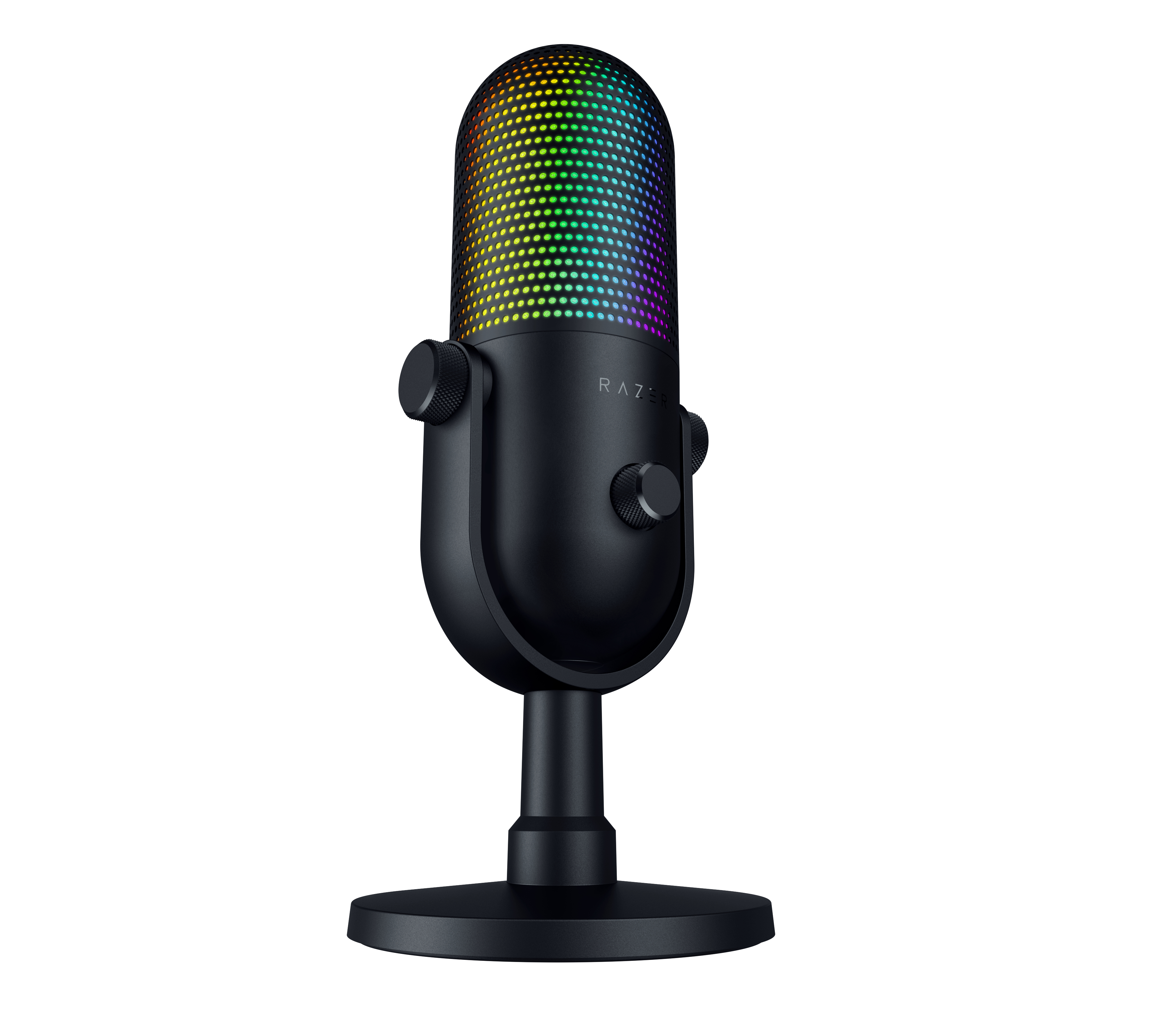 Ein schwarzes Razer-Mikrofon auf einem Ständer mit einem hellen Regenbogen-LED-Gitter.