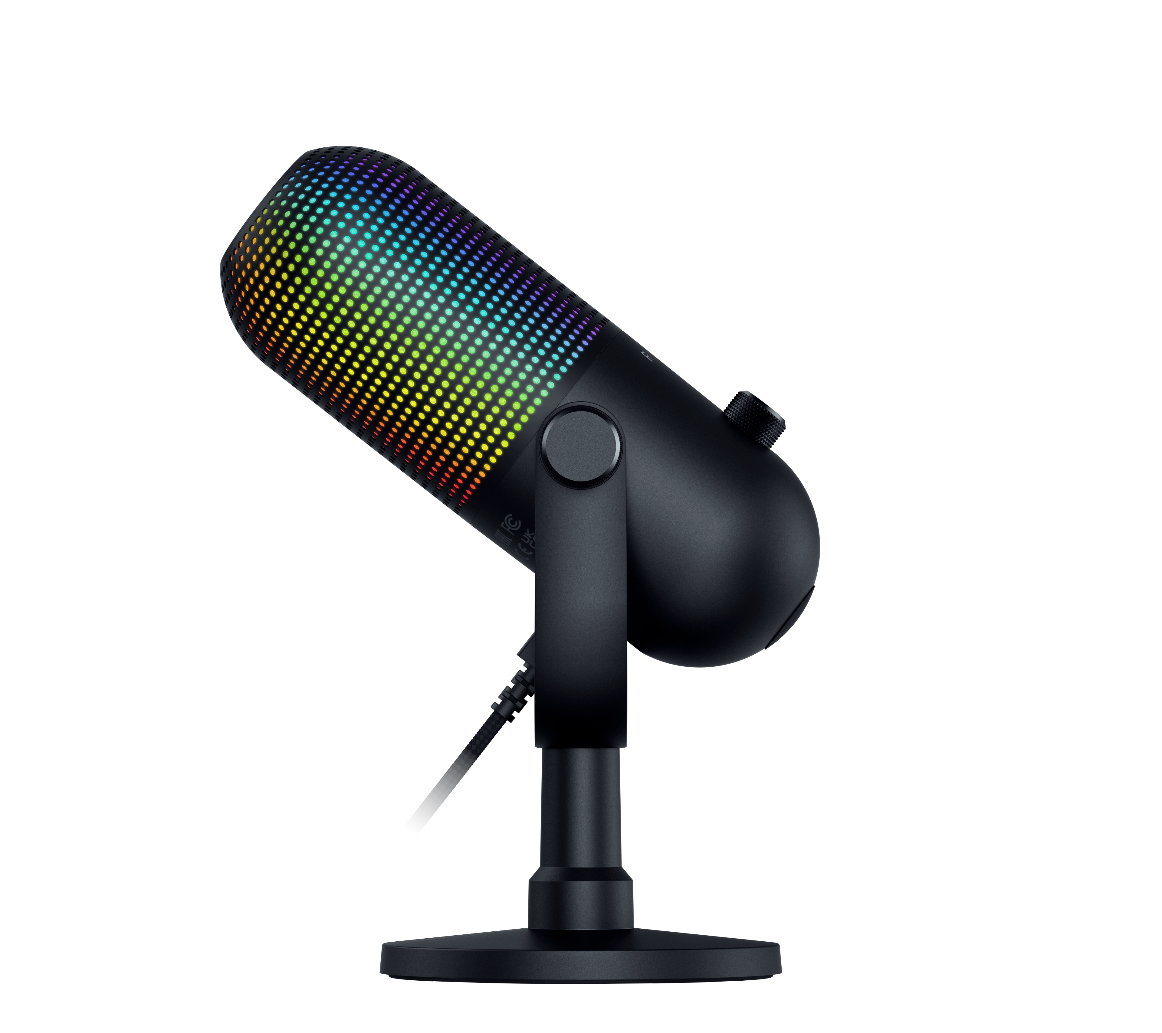 Schwarzes USB-Mikrofon mit RGB-Hintergrundbeleuchtung auf einem runden Tischständer.