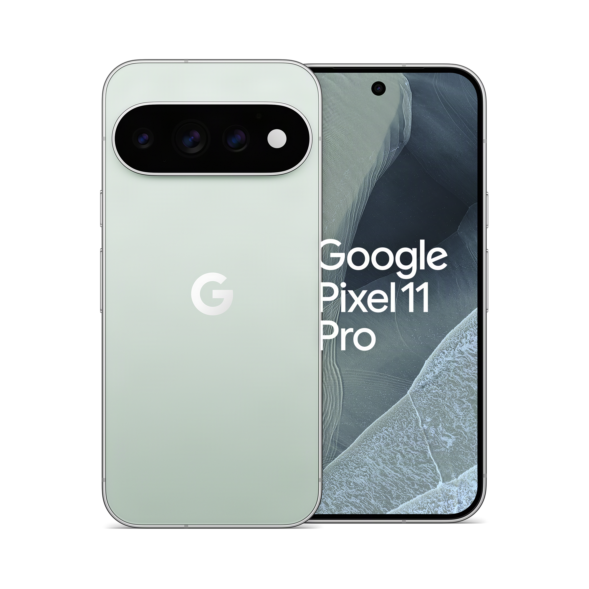 Google Pixel 11 Pro Smartphone in hellem Grün, Vorder- und Rückseite gezeigt vor schwarzem Hintergrund.